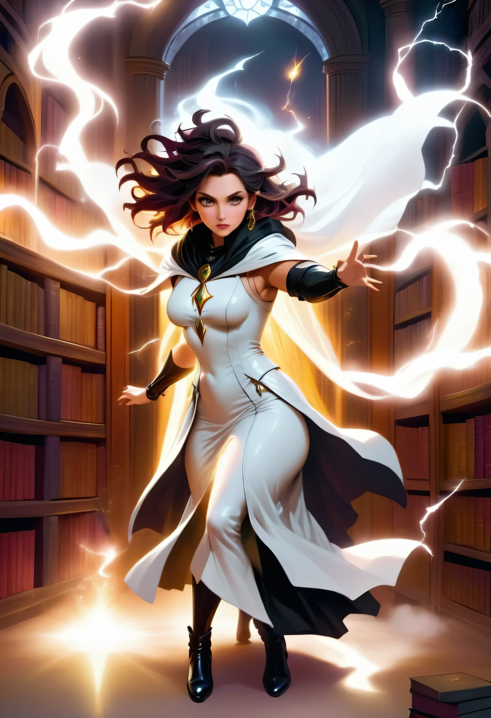 a masterwork picture of a sorceress casting a spell in magical library, exquisite beautiful woman, dynamic hair color, dynamic hair style, ((full body shot: 1.5)), ((anatomically correct: 1.5)),  (ultra detailed face: 1.2), best detailed face,  high details, best quality, 16k,  (long black dress: 1.2), (white cloak: 1.3), high heeled boots (ultra details, Masterpiece, best quality) masterpiece, best quality, (extremely detailed), full body, ultra wide shot, (ultra details, Masterpiece, best quality), fantasy art, dnd art,fantasy art, realistic art,  (ultra details, Masterpiece, best quality), (ultra details, Masterpiece, best quality), LightningMagicAI, Hyperrealism style, rpg portrait
photograph