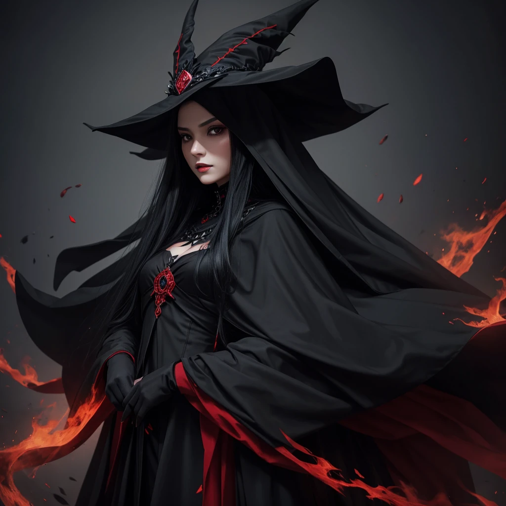 dark Witch in black and red color , full covered clothes , dark witch , hair covered , dark headdress