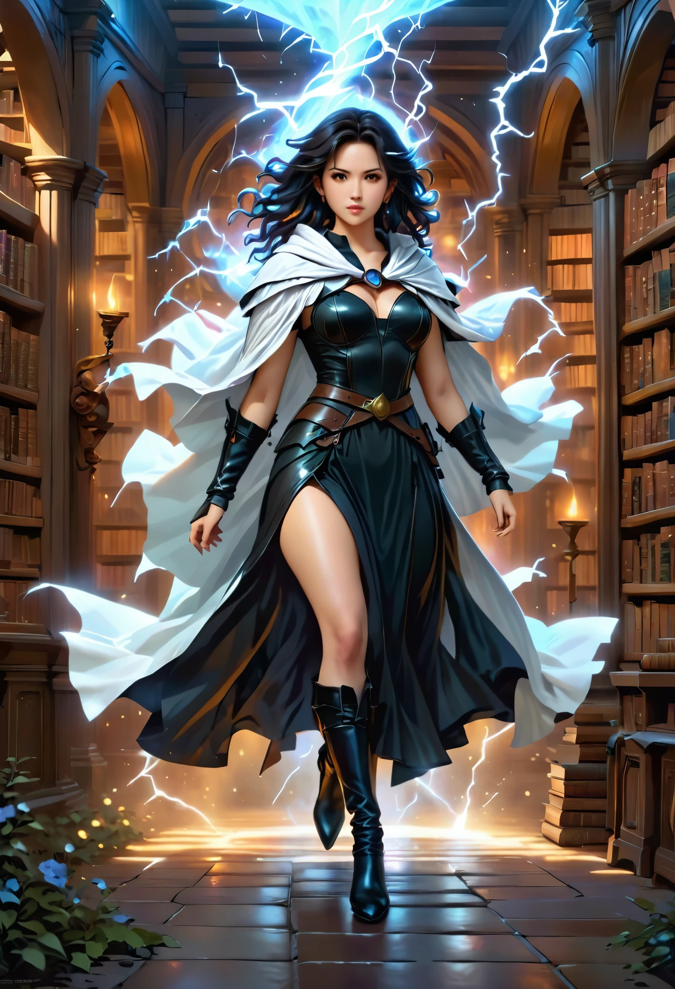 a masterwork picture of a sorceress casting a spell in magical library, exquisite beautiful woman, dynamic hair color, dynamic hair style, ((full body shot: 1.5)), ((anatomically correct: 1.5)), (ultra detailed face: 1.2), best detailed face, high details, best quality, 16k, (long black dress: 1.2), (white cloak: 1.3), high heeled boots (ultra details, Masterpiece, best quality) masterpiece, best quality, (extremely detailed), full body, ultra wide shot, (ultra details, Masterpiece, best quality), fantasy art, dnd art,fantasy art, realistic art, (ultra details, Masterpiece, best quality), (ultra details, Masterpiece, best quality), LightningMagicAI, Hyperrealism style, rpg portrait photograph