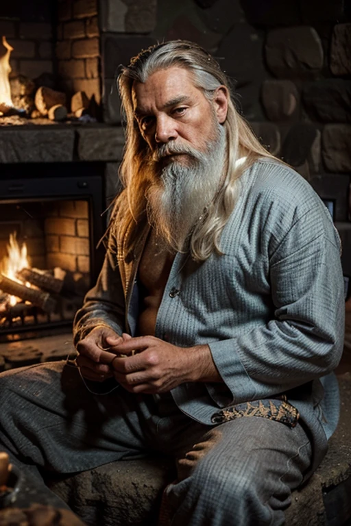 Portrait-style image featuring an elderly man with a long white beard  
flowing white hair and a full, thick beard. 
sitting by a fire. 
His facial features are sharp and defined, 
with deep-set eyes and a serious expression. 
The skin tone is light, and the lighting creates a dramatic effect, 
highlighting the contours of his face. He is dressed in dark, 
intricately designed robes with a textured pattern, 
adding to the mystical and ancient appearance. 
The background is a gradient of light blue, 
. The setting appears to be a rustic stone fireplace, 
with the fire providing a warm, orange glow that illuminates his face and surroundings. 
The background consists of a stone wall and a hearth, adding to the cozy, 
rustic atmosphere. The man's expression is contemplative as he gazes into the fire,
creating a serene and reflective mood.
