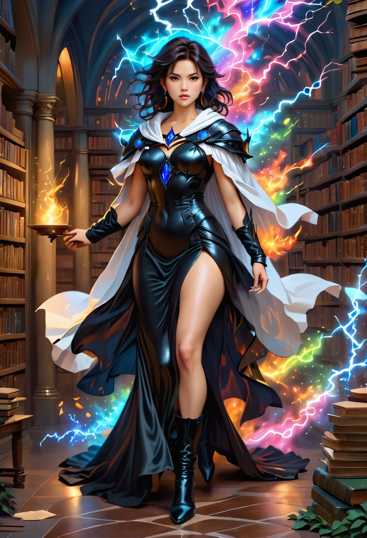 a masterwork picture of a sorceress casting a spell in magical library, exquisite beautiful woman, dynamic hair color, dynamic hair style, ((full body shot: 1.5)), ((anatomically correct: 1.5)), (ultra detailed face: 1.2), best detailed face, high details, best quality, 16k, (long black dress: 1.2), (white cloak: 1.3), high heeled boots (ultra details, Masterpiece, best quality) masterpiece, best quality, (extremely detailed), full body, ultra wide shot, (ultra details, Masterpiece, best quality), fantasy art, dnd art,fantasy art, realistic art, (ultra details, Masterpiece, best quality), (ultra details, Masterpiece, best quality), LightningMagicAI, Hyperrealism style, rpg portrait photograph