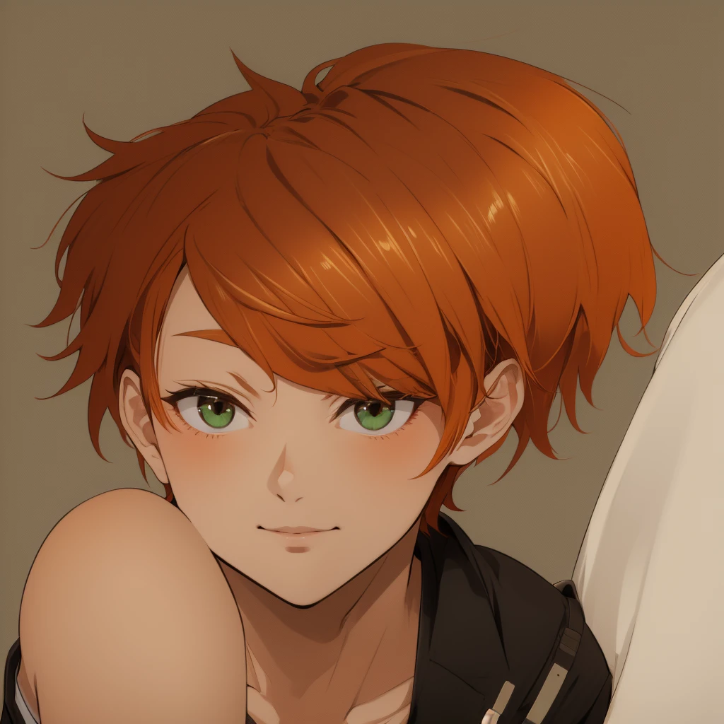 orange hair boy,Green Eye,brown skin color
