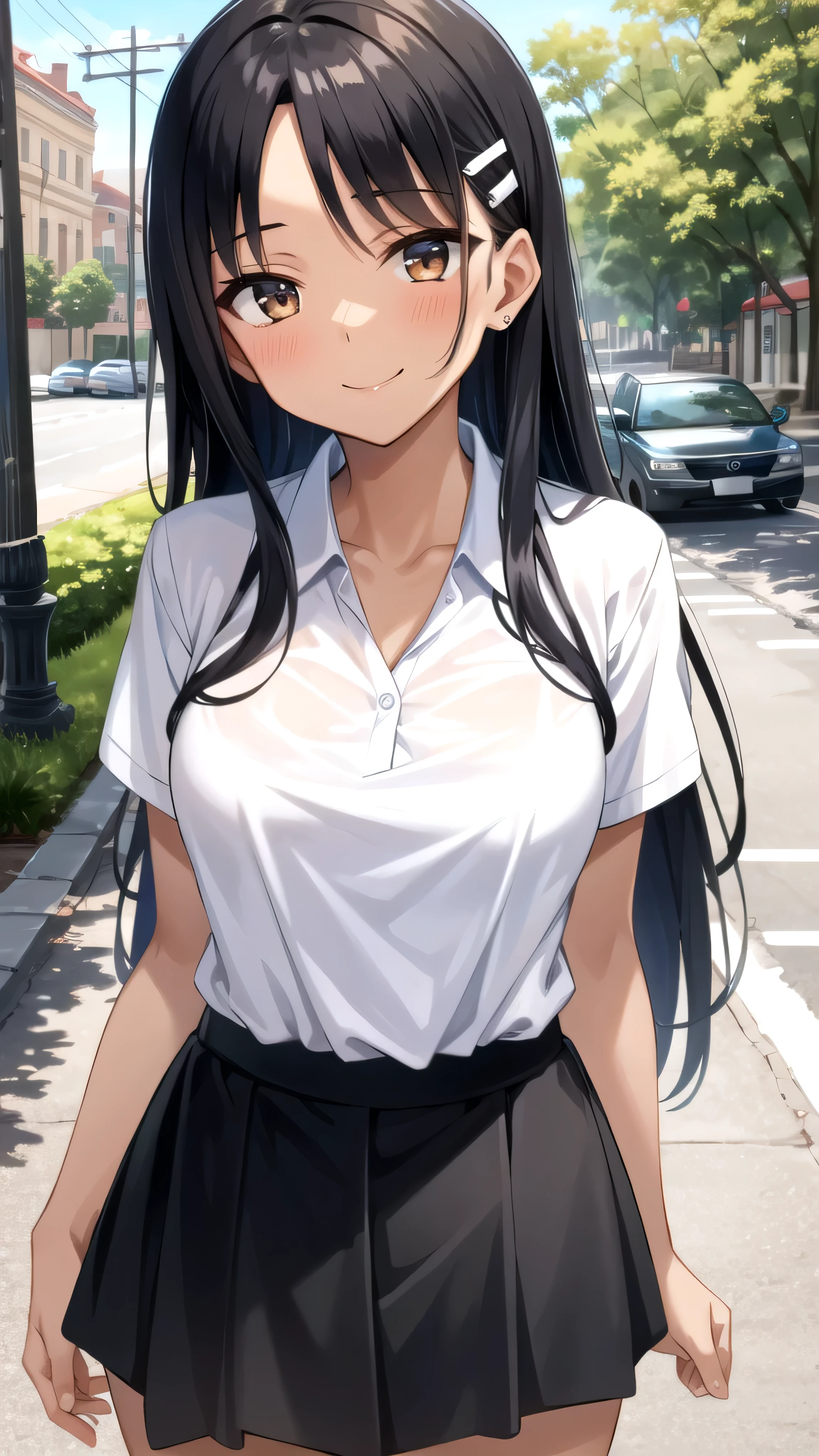 ((best quality)), ((masterpiece)), (details), one girl, sexy ((best quality)), ((masterpiece)), (details), one girl, sexy ((best quality)), ((masterpiece)), (details), one girl, full body, sexy expensive body, expensive, long legs, mature woman, mature, adult, it_nagatoro_main, Hayase Nagatoro, one girl, blushing, alone, white polo shirt, short sleeves, black hair,brown eyes, hair accessory, looking at viewer, hair clip, smiling, long hair, dark skinned woman, dark skin, , bangs, daytime, skirt, collared shirt, collarbone, ear clip, mouth closed, tree, asymmetrical bangs, upper body