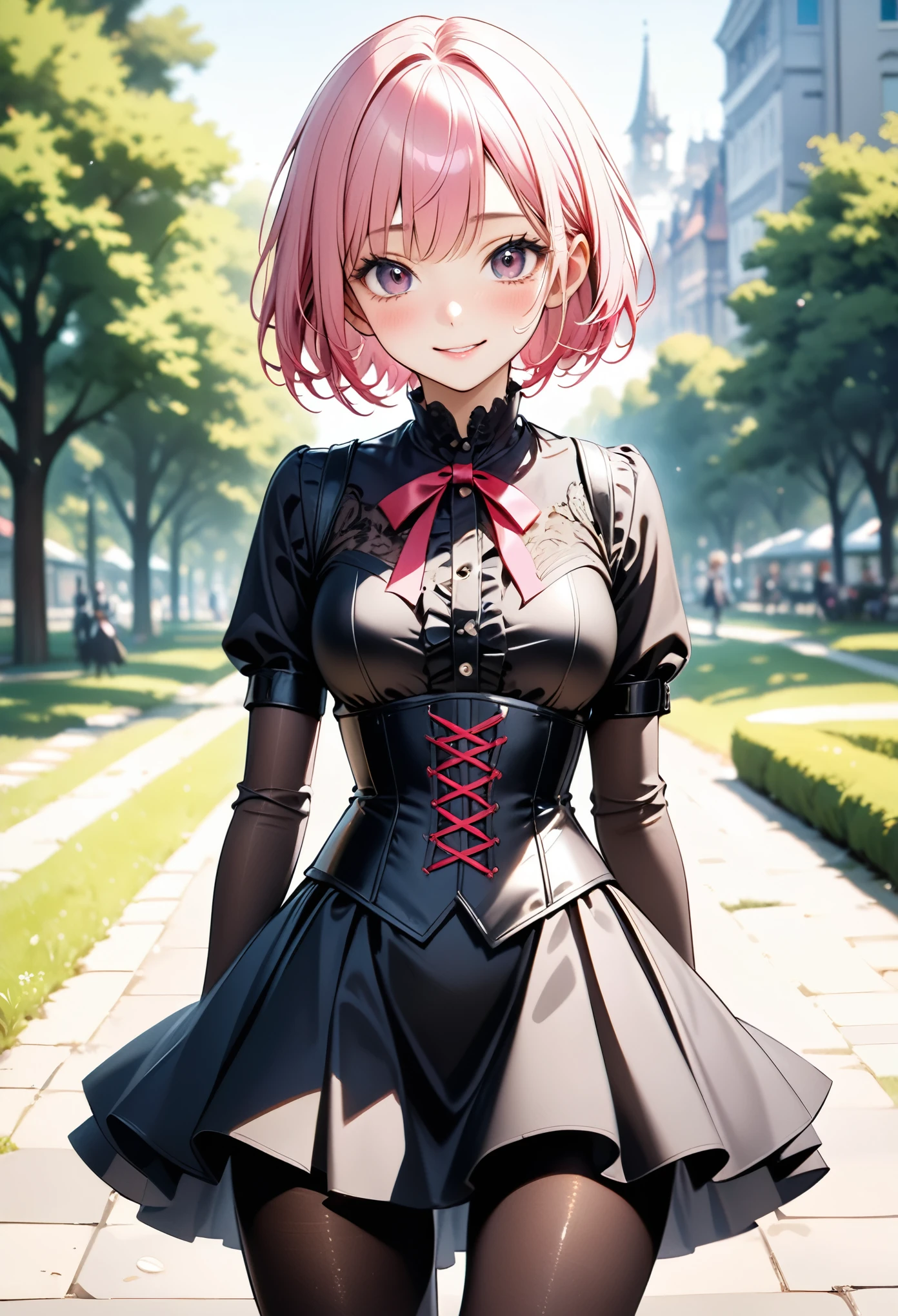 (((Wearing an elegant, (shiny gothic dress a silk), corset and skirt, pantyhose))), skinny, solo, 1 woman, Masterpiece, highest quality, highest quality, 16K, incredibly absurd, highly detailed, 2.5D, ai-generated, delicate and dynamic, very delicate facial expressions, delicate eye depiction, erotic, only sexy woman, ((A cute and kind face)), healthy figure, ((25-year-old woman)), 160cm tall, medium firm swaying bust, (short hair), (pink hair:1.5), bob cut, black eye, blush, Sweat,Embarrassed,sexy, ((thin thighs)), (Erect nipples,:0.5), shiny and lustrous, facing straight at viewer, smile, ((Oily_skin)), (standing), cowboy shot, ((arm at side)), A city park in midsummer,