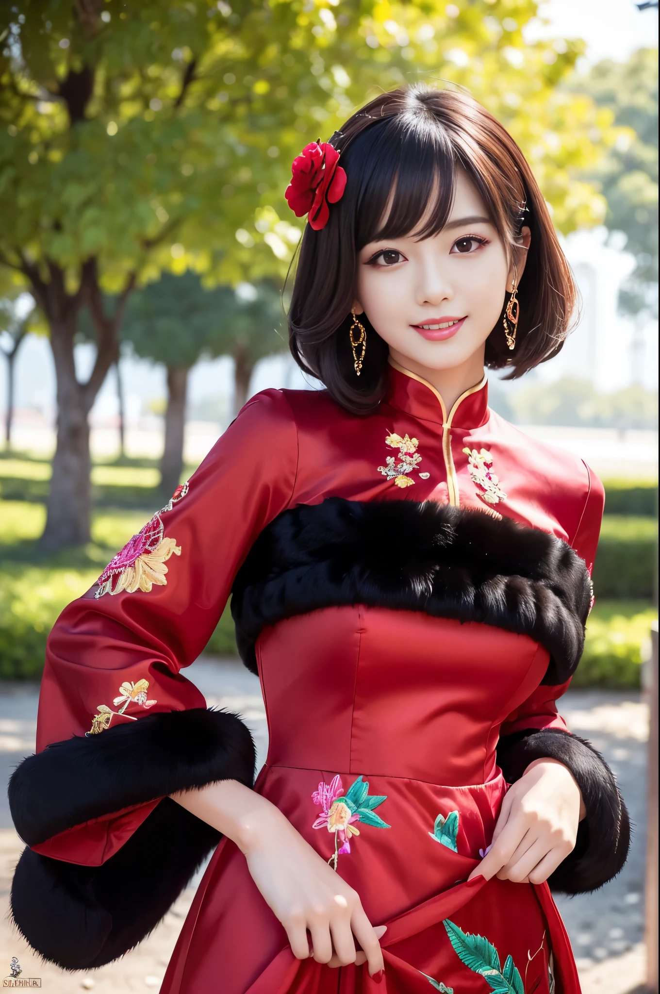 (masterpiece:1.4), (best quality:1.4), ultra high res, ultra high resolution, ((detailed facial features)), HDR, (realistic, photorealistic, photo-realistic:1.37), full body, sexy Vietnamese model, (-anime), only 1 model, vivid colors, very short hair, (beautiful smile), lip-gloss, long lashes, defined eyebrows, wearing large sparkling colorful jewelery, wearing a red silk Paradise Kiss cosplay dress with black floral embroidery, ((long fur vivid colors outfit)), vivid colors, look at the camera, cinematic light, large park background with trees, sweet and sexy pose