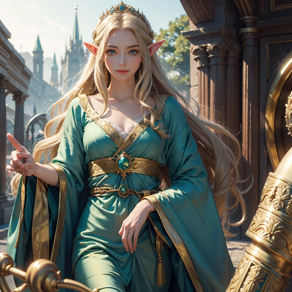 man, elf, large expressive eyes, almond-shaped green eyes, graceful facial features, Diadem, silk long blue robes, long golden hair, A wise look, smile, Lord of the Rings, God, Divine Beauty, Apollo
