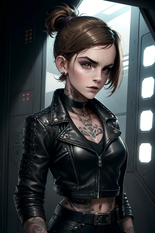 Emma Watson, Jack,black lips,full-body tattoo ,short hair, ponytail, ear piercing, solo, standing, serious,  upper  body,  close up,
open leather jacket, white wrappings,  cargo pants, hip cutouts, belt,  boots,
cyber prison,  space station,
(insanely detailed, beautiful detailed face, masterpiece, beautiful detailed eyes, best quality)    