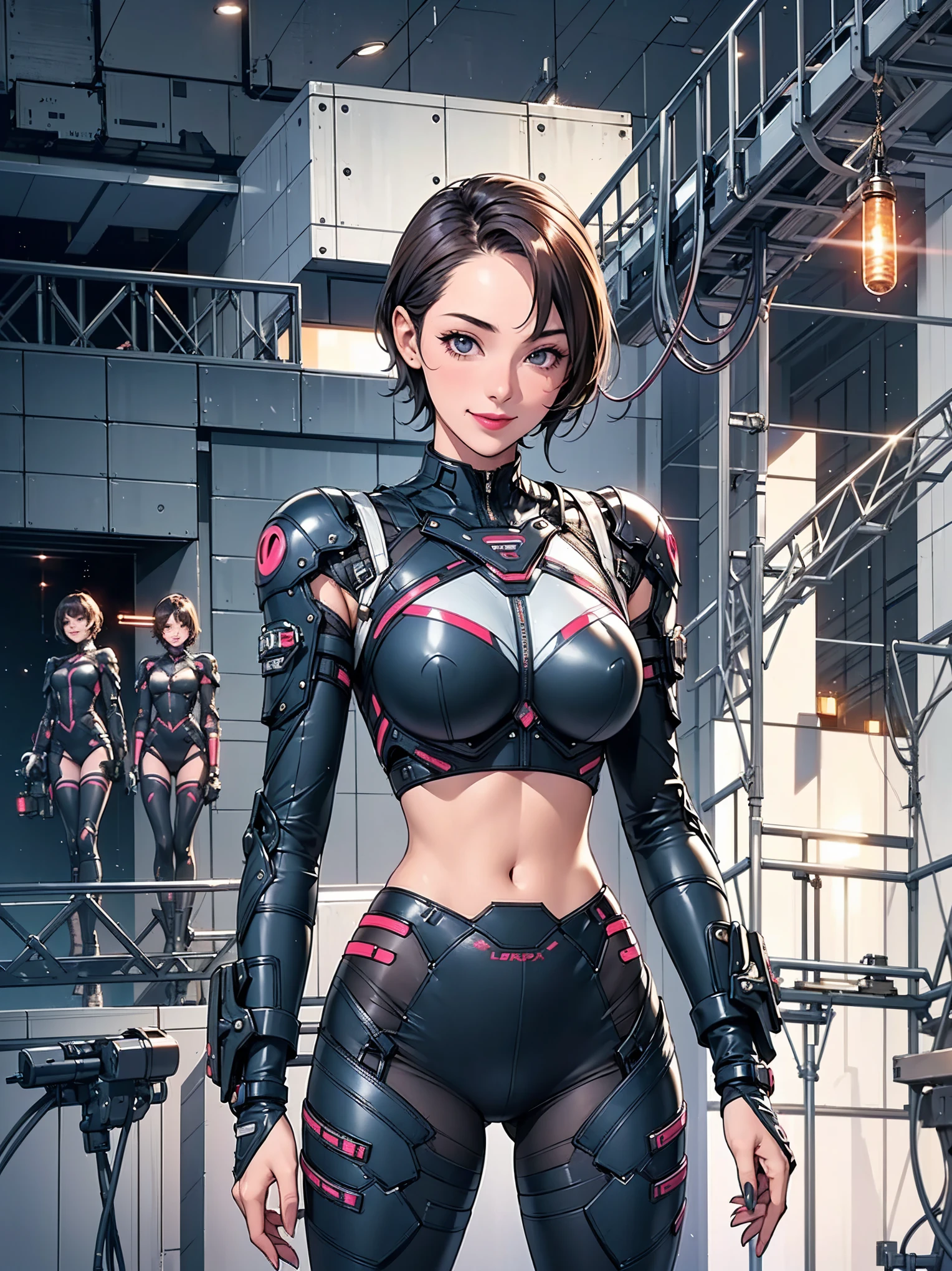 163 Short Hair,  (20-year-old woman, Are standing), Surreal, A kind smile, SF Cool Suit, (lipstick), Futuristic fighter, light, lunp, shining, neon, sparking, 
