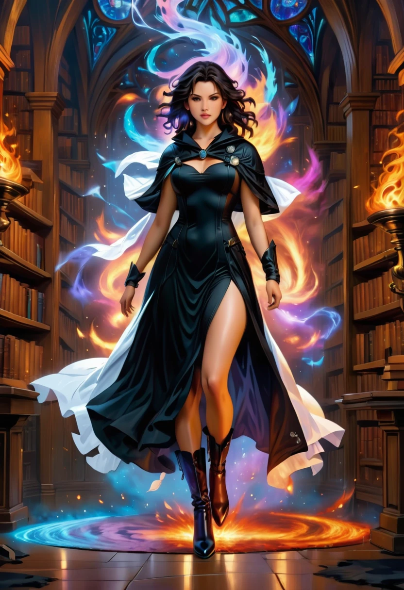 a masterwork picture of a sorceress casting a spell in magical library, exquisite beautiful woman, dynamic hair color, dynamic hair style, ((full body shot: 1.5)), ((anatomically correct: 1.5)), (ultra detailed face: 1.2), best detailed face, high details, best quality, 16k, (long black dress: 1.2), (white cloak: 1.3), high heeled boots (ultra details, Masterpiece, best quality) masterpiece, best quality, (extremely detailed), full body, ultra wide shot, (ultra details, Masterpiece, best quality), fantasy art, dnd art,fantasy art, realistic art, (ultra details, Masterpiece, best quality), (ultra details, Masterpiece, best quality), FireMagicAI, Hyperrealism style, rpg portrait photograph