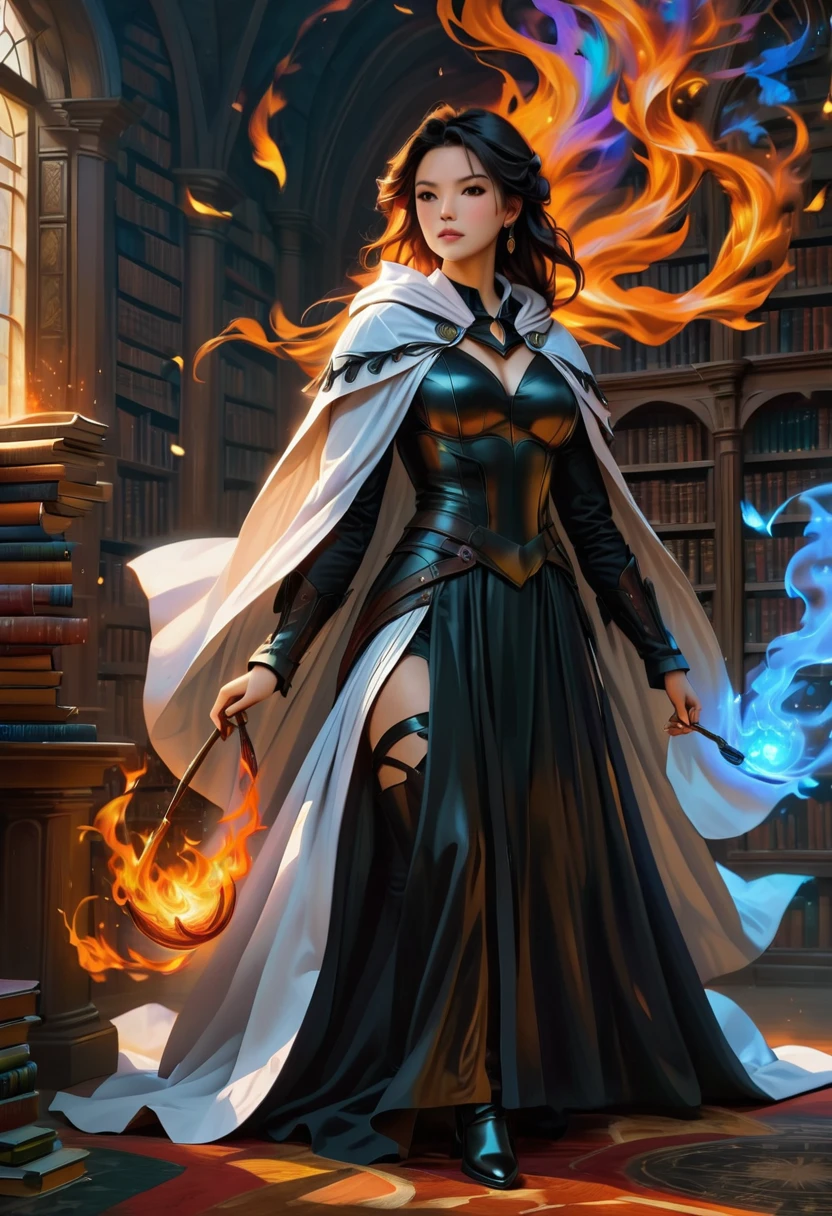 a masterwork picture of a sorceress casting a spell in magical library, exquisite beautiful woman, dynamic hair color, dynamic hair style, ((full body shot: 1.5)), ((anatomically correct: 1.5)), (ultra detailed face: 1.2), best detailed face, high details, best quality, 16k, (long black dress: 1.2), (white cloak: 1.3), high heeled boots (ultra details, Masterpiece, best quality) masterpiece, best quality, (extremely detailed), full body, ultra wide shot, (ultra details, Masterpiece, best quality), fantasy art, dnd art,fantasy art, realistic art, (ultra details, Masterpiece, best quality), (ultra details, Masterpiece, best quality), FireMagicAI, Hyperrealism style, rpg portrait photograph