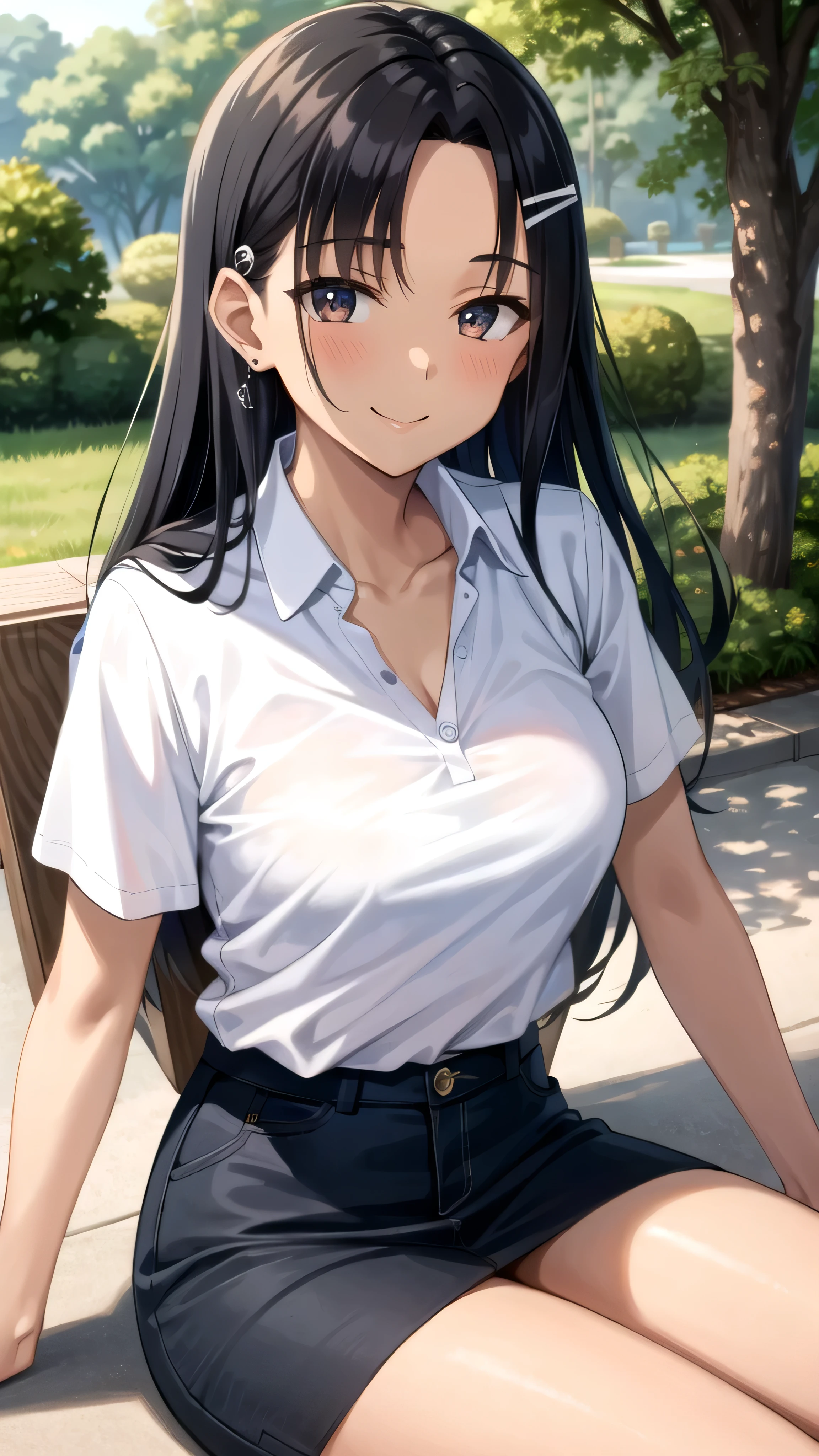 ((best quality)), ((masterpiece)), (details), one girl, sexy ((best quality)), ((masterpiece)), (details), one girl, sexy ((best quality)), ((masterpiece)), (details), one girl, full body, sexy expensive body, expensive, long legs, mature woman, mature, adult, it_nagatoro_main, Hayase Nagatoro, one girl, blushing, alone, white polo shirt, short sleeves, black hair,brown eyes, hair accessory, looking at viewer, hair clip, smiling, long hair, dark skinned woman, dark skin, , bangs, daytime, skirt, collared shirt, collarbone, ear clip, mouth closed, tree, asymmetrical bangs, upper body