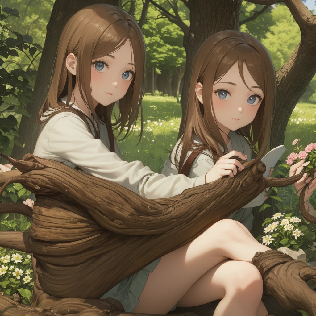 (best qualityer, work of art), 1 girl, reading a book, particle, Tuuli, flowers, trunk, simple background, looking ahead at viewer, russet hair