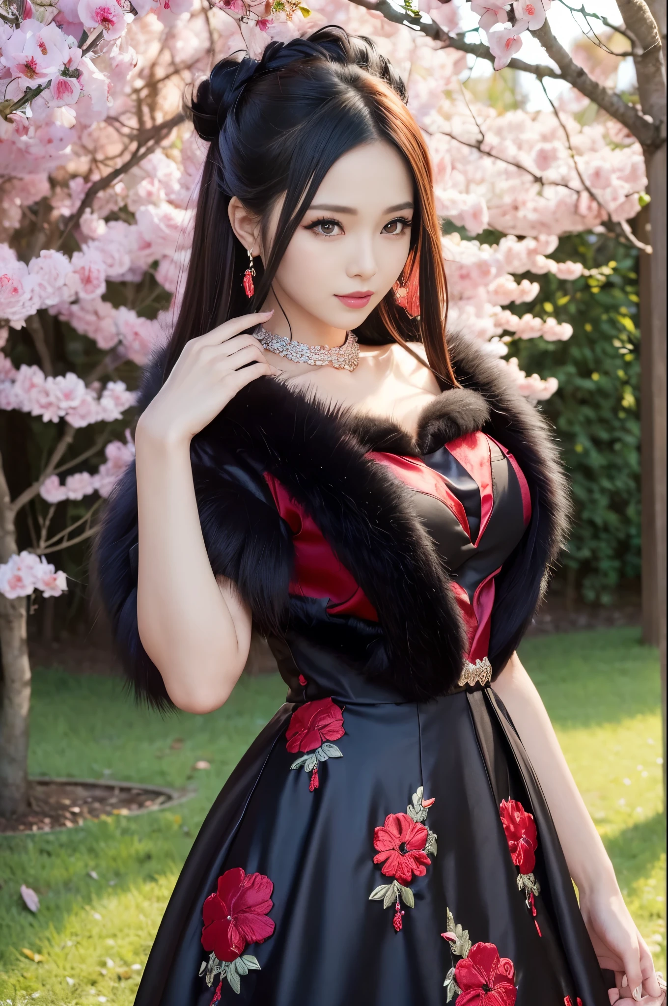 (masterpiece:1.4), (best quality:1.4), ultra high res, ultra high resolution, ((detailed facial features)), HDR, (realistic, photorealistic, photo-realistic:1.37), full body, sexy Vietnamese model, (-anime), only 1 model, vivid colors, very short hair, (beautiful smile), lip-gloss, long lashes, defined eyebrows, wearing large sparkling colorful jewelery, wearing a red silk Paradise Kiss cosplay dress with black floral embroidery, ((long fur vivid colors outfit)), vivid colors, look at the camera, cinematic light, large park background with trees, sweet and sexy pose
