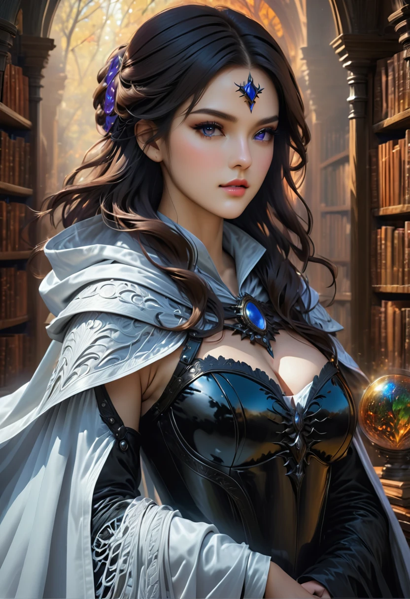 a masterwork picture of a sorceress casting a spell in magical library, exquisite beautiful woman, dynamic hair color, dynamic hair style, ((full body shot: 1.5)), ((anatomically correct: 1.5)), (ultra detailed face: 1.2), best detailed face, high details, best quality, 16k, (long black dress: 1.2), (white cloak: 1.3), high heeled boots (ultra details, Masterpiece, best quality) masterpiece, best quality, (extremely detailed), full body, ultra wide shot, (ultra details, Masterpiece, best quality), fantasy art, dnd art,fantasy art, realistic art, (ultra details, Masterpiece, best quality), (ultra details, Masterpiece, best quality), NecromancyAI, Hyperrealism style, rpg portrait photograph