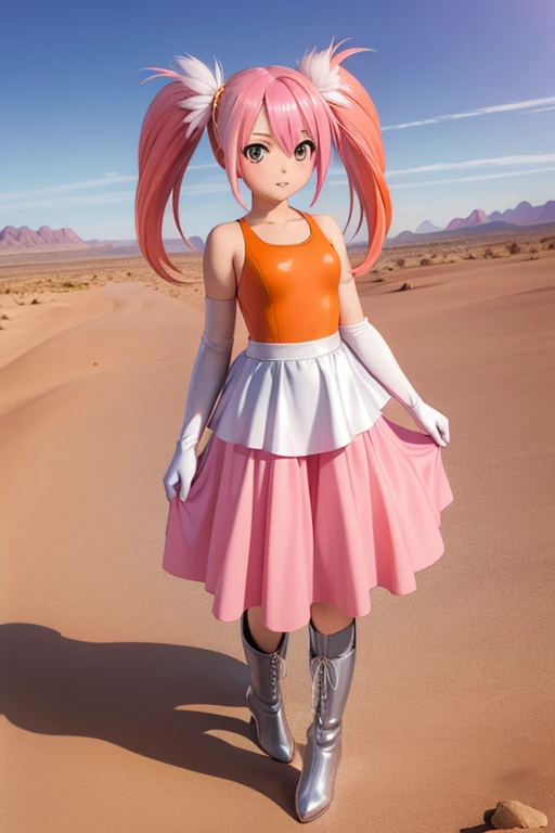 Highest quality,Highest Resolution,(((Orange one piece dress　Long skirt　Silver Boots　White Opera Gloves　pink hair　Pink Hair))) Metal Max 2:Reloaded　独奏　Twin tails　Red Eye　Slender　18-year-old　end of the century　desert　wilderness　ruins