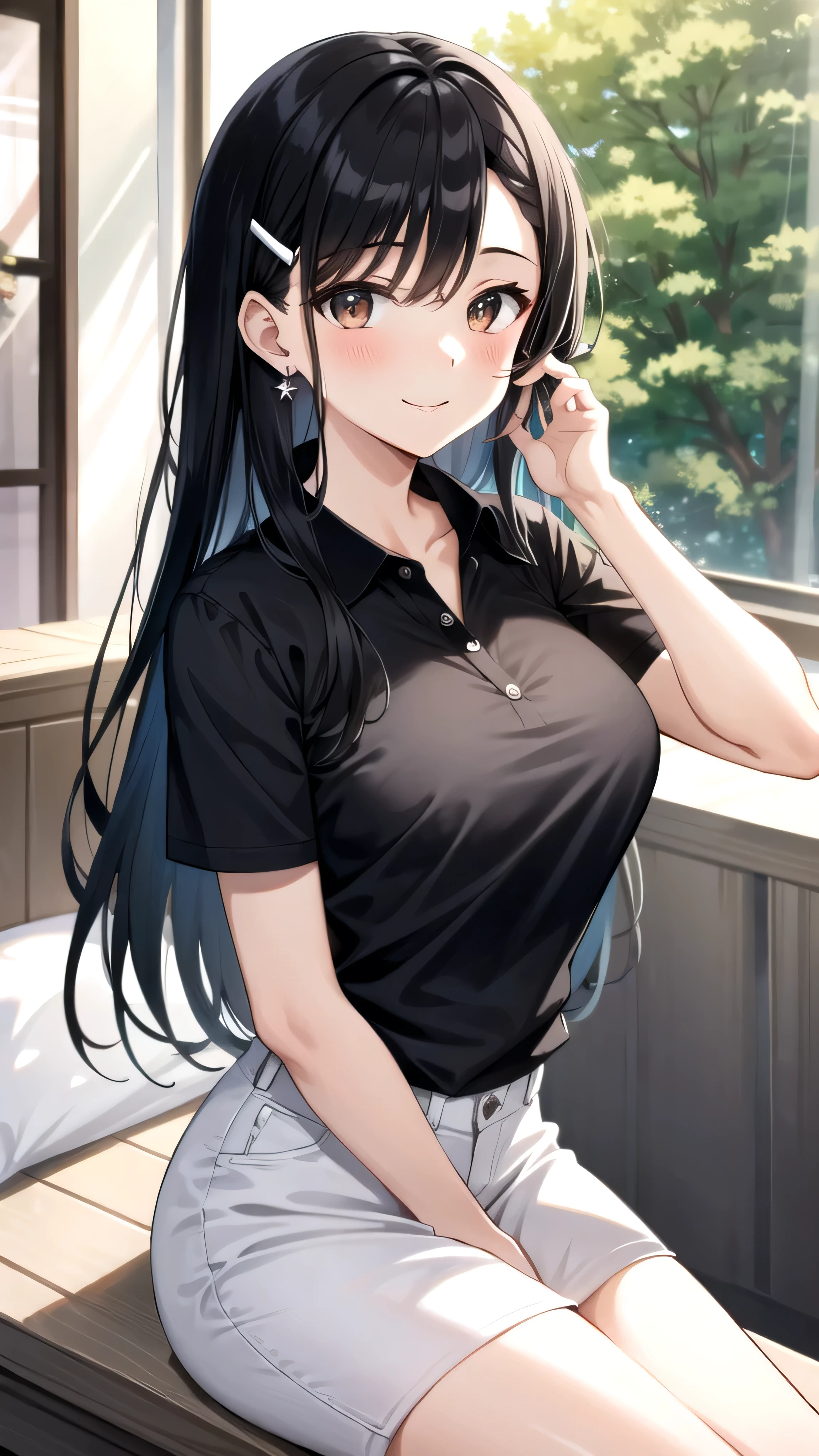 ((best quality)), ((masterpiece)), (details), one girl, sexy ((best quality)), ((masterpiece)), (details), one girl, sexy ((best quality)), ((masterpiece)), (details), one girl, full body, sexy expensive body, expensive, long legs, mature woman, mature, adult, it_nagatoro_main, Hayase Nagatoro, one girl, blushing, alone, white polo shirt, short sleeves, black hair,brown eyes, hair accessory, looking at viewer, hair clip, smiling, long hair, dark skinned woman, dark skin, , bangs, daytime, skirt, collared shirt, collarbone, ear clip, mouth closed, tree, asymmetrical bangs, upper body
