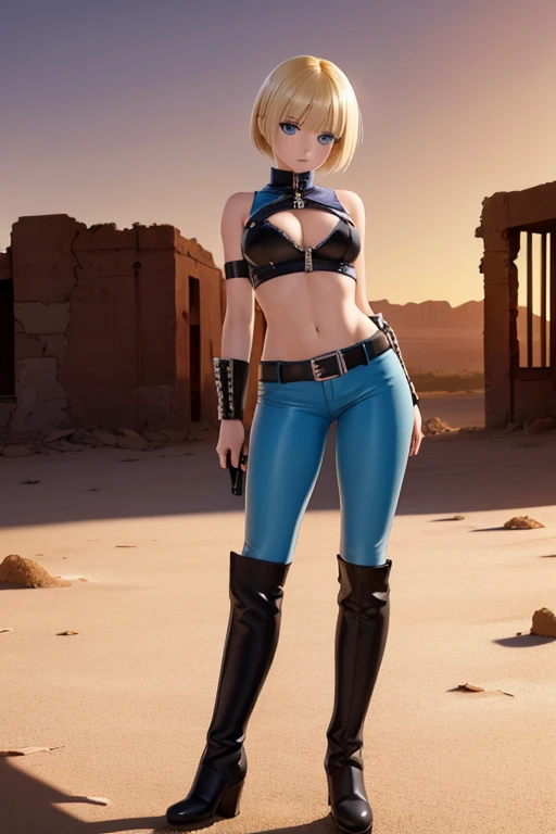 Perfect Anatomy　Highest quality,Highest Resolution,(((hot pants　boots)))　Metal Max 2:Reloaded　Lena　gun　Blonde　short　Blue Eyes　C cup　Toned　　end of the century　desert　wilderness　ruins