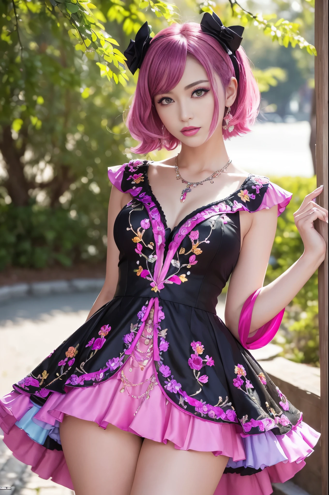 (masterpiece:1.4), (best quality:1.4), ultra high res, ultra high resolution, ((detailed facial features)), HDR, (realistic, photorealistic, photo-realistic:1.37), full body Esbian, sexy swedish model, (-anime), only 1 model, (vivid colors), ((vivid colors multicolor (fuchsia, pink, light purple) very short hair)), ((beautiful smile)), lip-gloss, long lashes, ultra detailed makeup, defined eyebrows, wearing large sparkling colorful jewelery, wearing a red silk Paradise Kiss cosplay dress with black floral embroidery, ((vivid colors outfit)), (vivid colors), look at the camera, cinematic light, large park background with trees, sweet and sexy pose