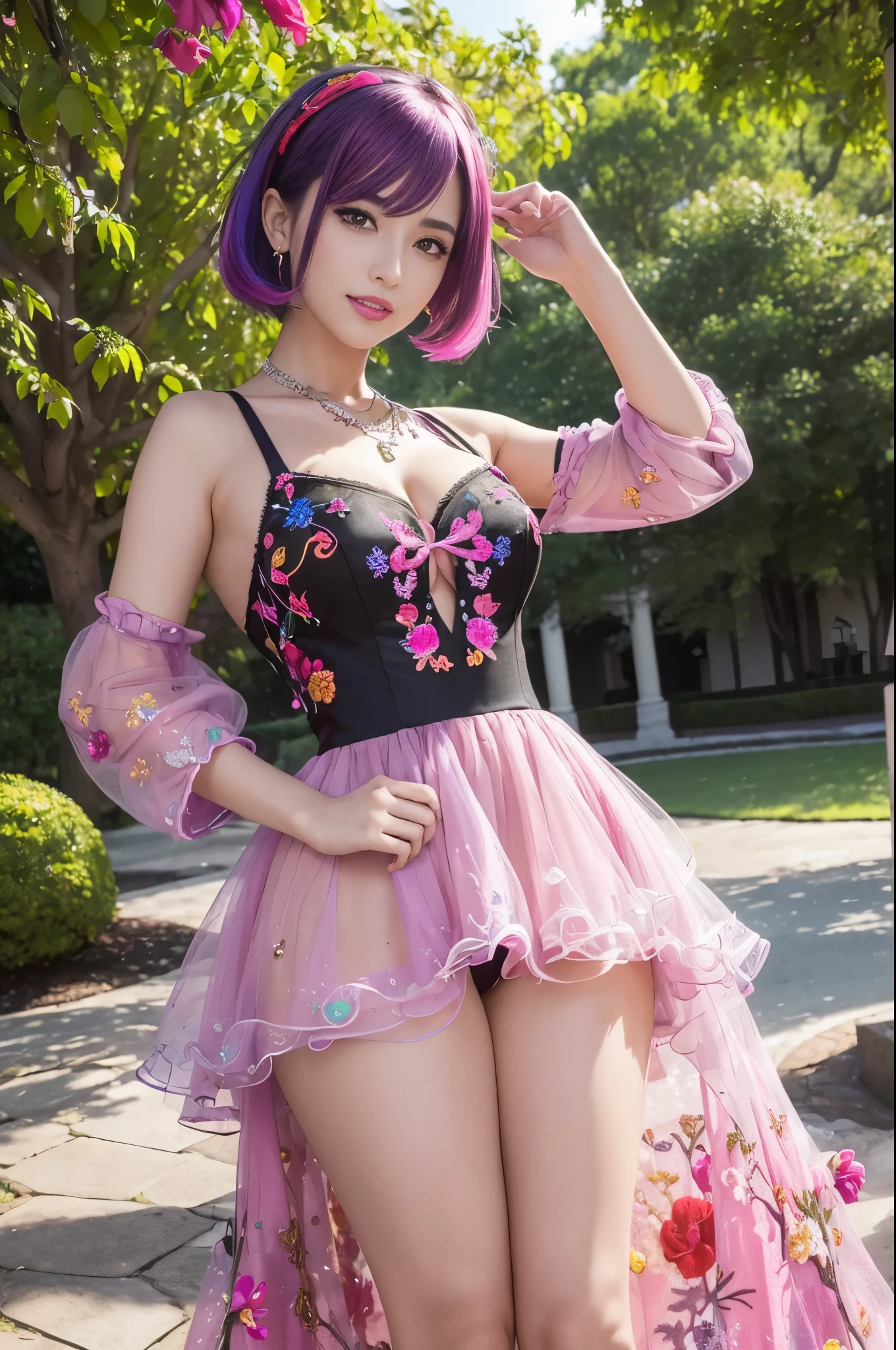 (masterpiece:1.4), (best quality:1.4), ultra high res, ultra high resolution, ((detailed facial features)), HDR, (realistic, photorealistic, photo-realistic:1.37), full body Esbian, sexy swedish model, (-anime), only 1 model, (vivid colors), ((vivid colors multicolor (fuchsia, pink, light purple) very short hair)), ((beautiful smile)), lip-gloss, long lashes, ultra detailed makeup, defined eyebrows, wearing large sparkling colorful jewelery, wearing a red silk Paradise Kiss cosplay dress with black floral embroidery, ((vivid colors outfit)), (vivid colors), look at the camera, cinematic light, large park background with trees, sweet and sexy pose