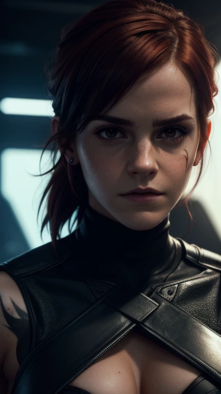 Emma Watson, The badass cyberpunk 3098 warrior, mature woman, strong body, (red eyes), dark red hair,, battle scar's, neon shadows,, dark horror gloomy weather, demons hunter,,(Solo leveling),,,tattoos,(massive perfect snoopy breast:1.0), massive perfect breast,,(muscular body:0.5), undercut hairstyles,,shot hair, (naked breast), (realistic skin texture:1.2),4k, (cinematic photography:1.0),,(head and breast closeup)