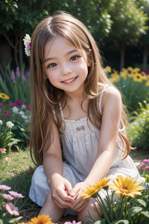 create a smiling girl with long hair, dark blonde, light brown skin,  6 yeaisney style, in a garden with cute animals, playing with flowers