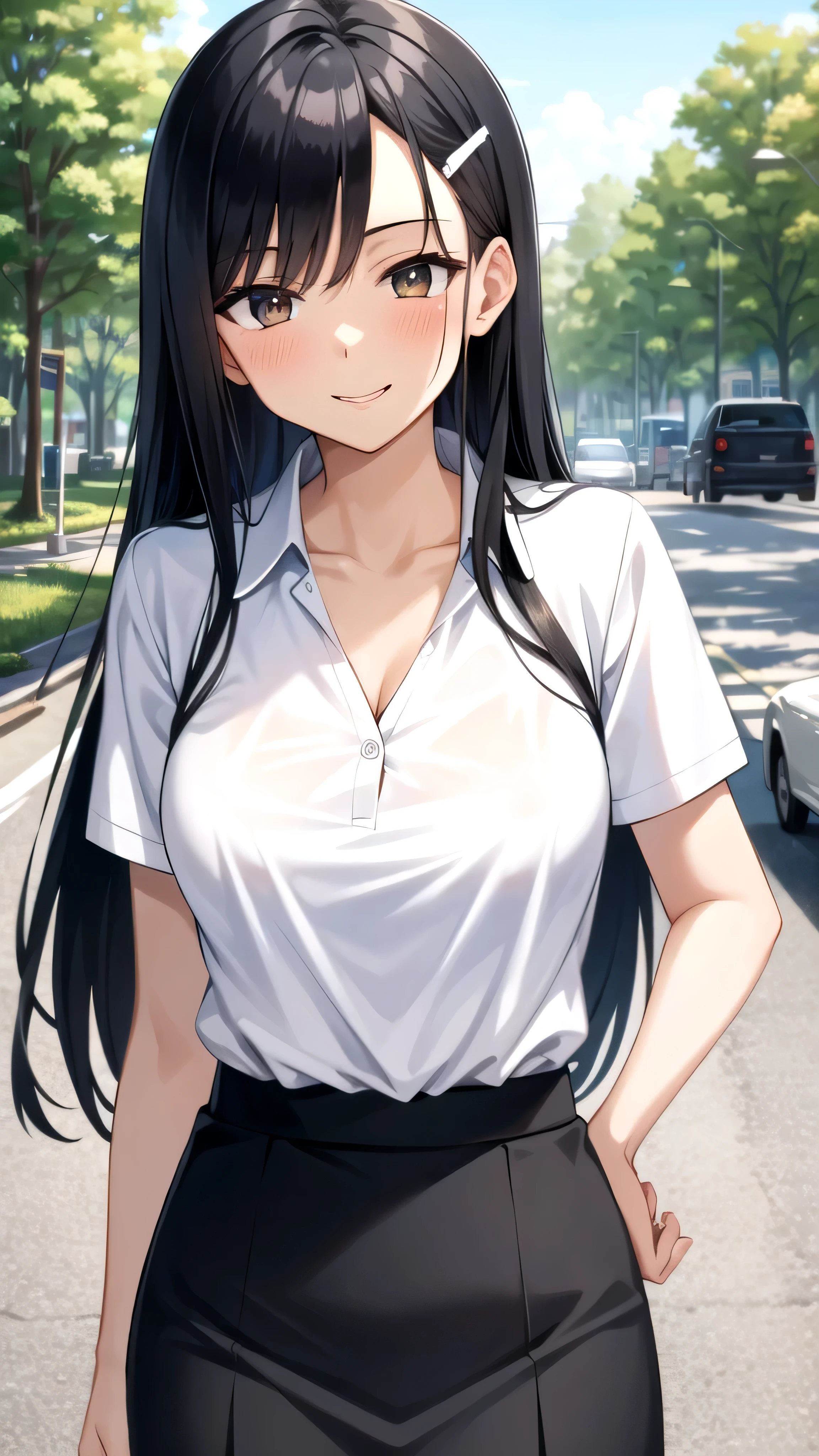 ((best quality)), ((masterpiece)), (details), one girl, sexy ((best quality)), ((masterpiece)), (details), one girl, sexy ((best quality)), ((masterpiece)), (details), one girl, full body, sexy expensive body, expensive, long legs, mature woman, mature, adult, it_nagatoro_main, Hayase Nagatoro, one girl, blushing, alone, white polo shirt, short sleeves, black hair,brown eyes, hair accessory, looking at viewer, hair clip, smiling, long hair, dark skinned woman, dark skin, , bangs, daytime, skirt, collared shirt, collarbone, ear clip, mouth closed, tree, asymmetrical bangs, upper body