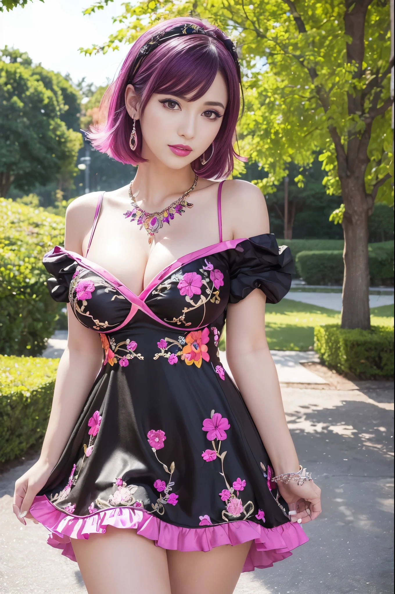 (masterpiece:1.4), (best quality:1.4), ultra high res, ultra high resolution, ((detailed facial features)), HDR, (realistic, photorealistic, photo-realistic:1.37), full body Esbian, sexy swedish model, (-anime), only 1 model, (vivid colors), ((vivid colors multicolor (fuchsia, pink, light purple) very short hair)), ((beautiful smile)), lip-gloss, long lashes, ultra detailed makeup, defined eyebrows, wearing large sparkling colorful jewelery, wearing a red silk Paradise Kiss cosplay dress with black floral embroidery, ((vivid colors outfit)), (vivid colors), look at the camera, cinematic light, large park background with trees, sweet and sexy pose