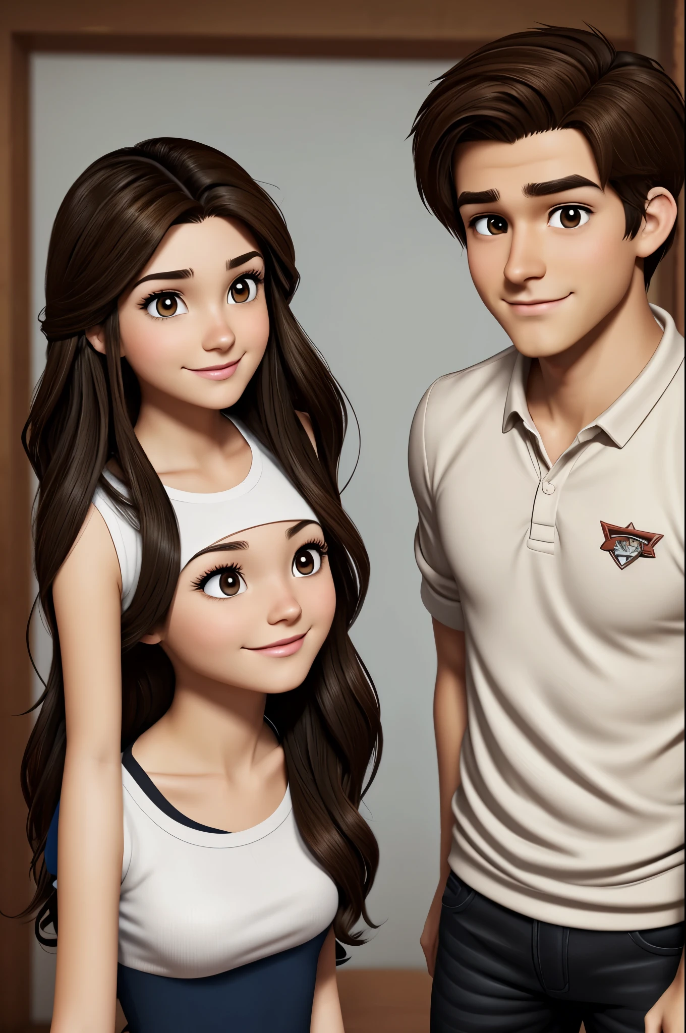 disney gravity falls type animated character of a 20 year old girl with brown hair, long and brown eyes, cejas gruesas, white skin and a 20-year-old boy with black hair and brown eyes and white skin, enamorados