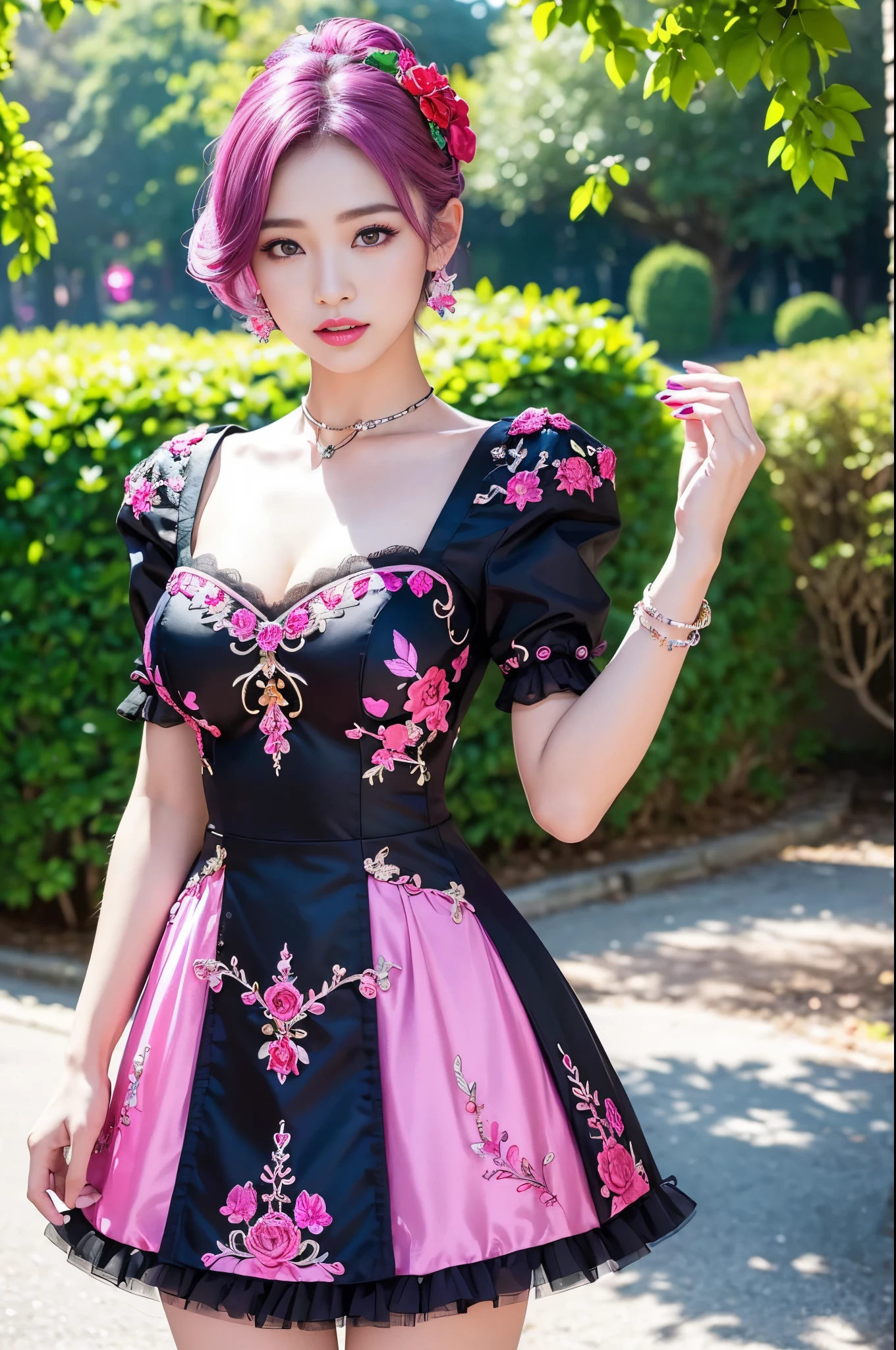 (masterpiece:1.4), (best quality:1.4), ultra high res, ultra high resolution, ((detailed facial features)), HDR, (realistic, photorealistic, photo-realistic:1.37), full body Esbian, sexy Vietnamese model, (-anime), only 1 model, vivid colors, ((vivid colors multicolor (fuchsia, pink, light blue, purple) very short hair)), (beautiful smile), lip-gloss, long lashes, defined eyebrows, wearing large sparkling colorful jewelery, wearing a red silk Paradise Kiss cosplay dress with black floral embroidery, ((vivid colors outfit)), vivid colors, look at the camera, cinematic light, large park background with trees, sweet and sexy pose