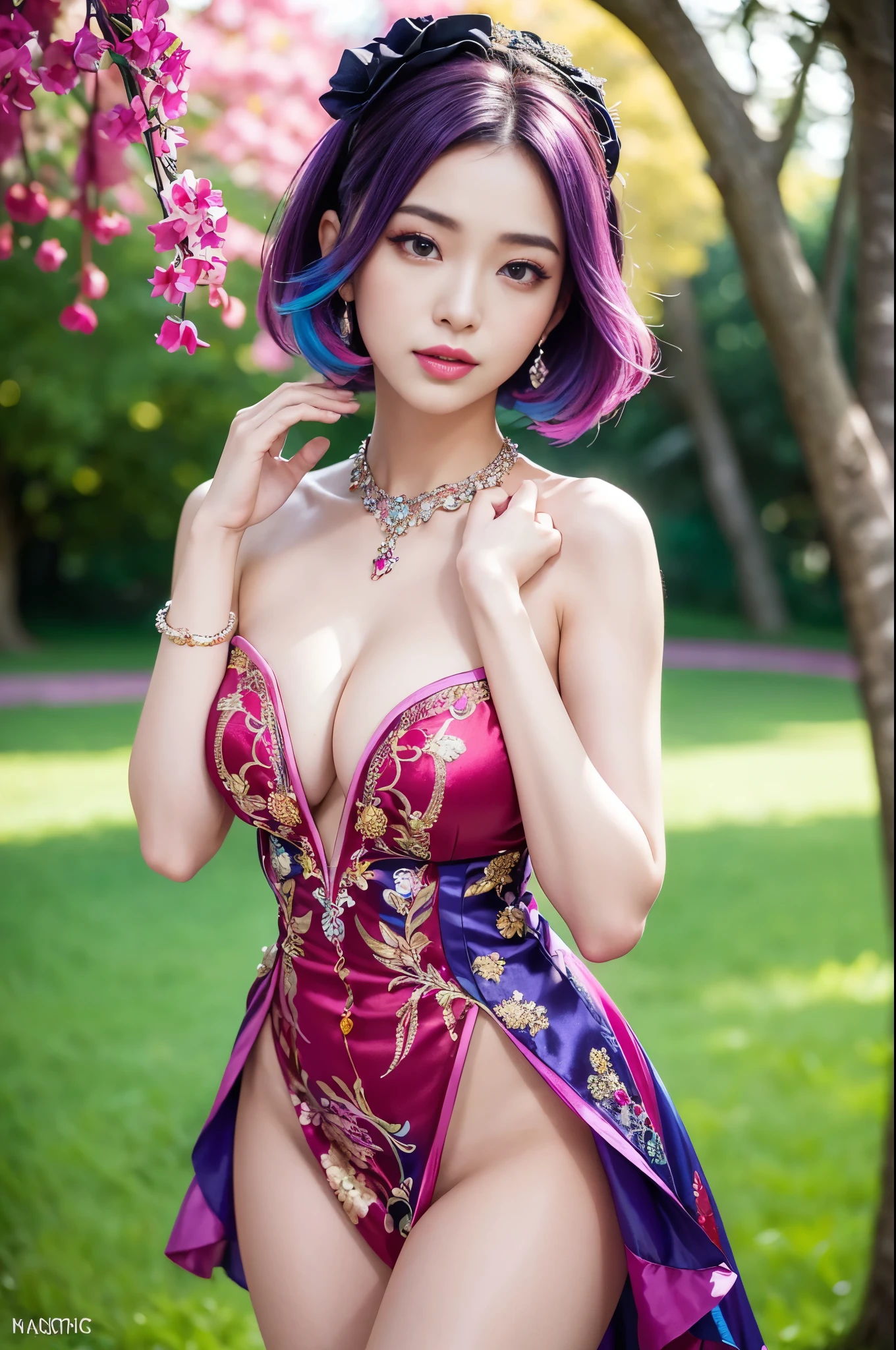 (masterpiece:1.4), (best quality:1.4), ultra high res, ultra high resolution, ((detailed facial features)), HDR, (realistic, photorealistic, photo-realistic:1.37), full body Esbian, sexy Vietnamese model, (-anime), only 1 model, vivid colors, ((vivid colors multicolor (fuchsia, pink, light blue, purple) very short hair)), (beautiful smile), lip-gloss, long lashes, defined eyebrows, wearing large sparkling colorful jewelery, wearing a red silk Paradise Kiss cosplay dress with black floral embroidery, ((vivid colors outfit)), vivid colors, look at the camera, cinematic light, large park background with trees, sweet and sexy pose