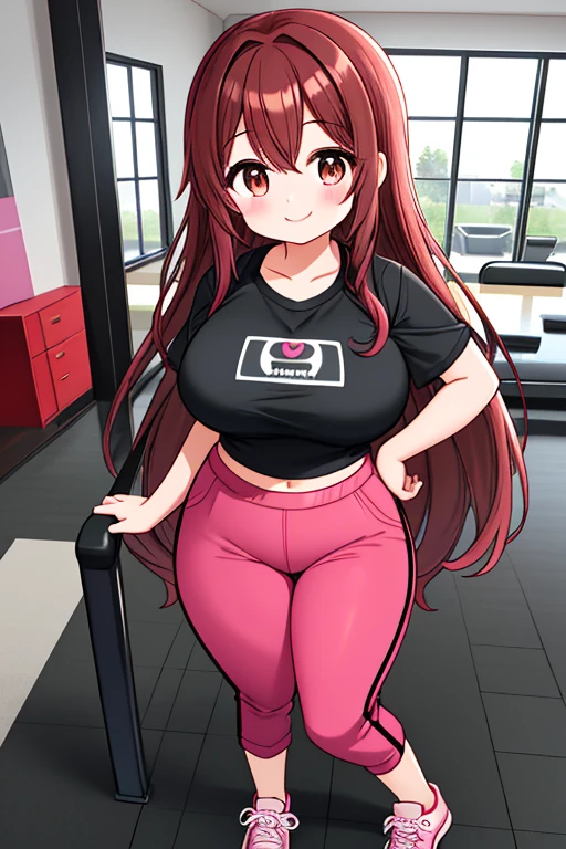 A Cute Girl, with Lush Long RedBrown Hair, Beautiful Brown Eyes, Overly Large Breasts, Thicc Thighs, Wide Hips, wearing a Black Shirt, and Grey Gym Pants, Pink Tennis-shoes, Inside a Modern House, pretty Smile,