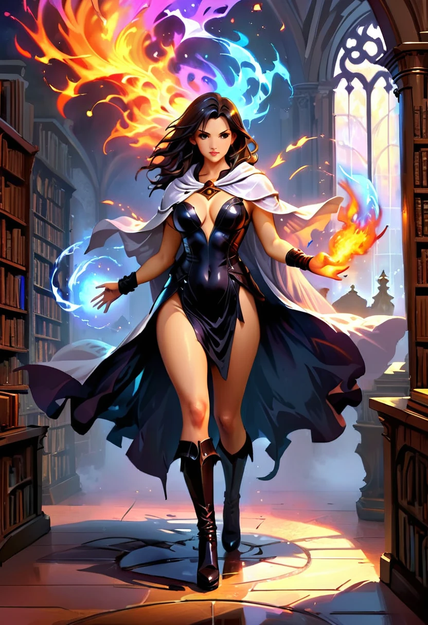 a masterwork picture of a sorceress casting a spell in magical library, exquisite beautiful woman, dynamic hair color, dynamic hair style, ((full body shot: 1.5)), ((anatomically correct: 1.5)), (ultra detailed face: 1.2), best detailed face, high details, best quality, 16k, (long black dress: 1.2), (white cloak: 1.3), high heeled boots (ultra details, Masterpiece, best quality) masterpiece, best quality, (extremely detailed), full body, ultra wide shot, (ultra details, Masterpiece, best quality), fantasy art, dnd art,fantasy art, realistic art, (ultra details, Masterpiece, best quality), (ultra details, Masterpiece, best quality), FireMagicAI, Hyperrealism style, rpg portrait photograph, Painted By Andreas Rocha