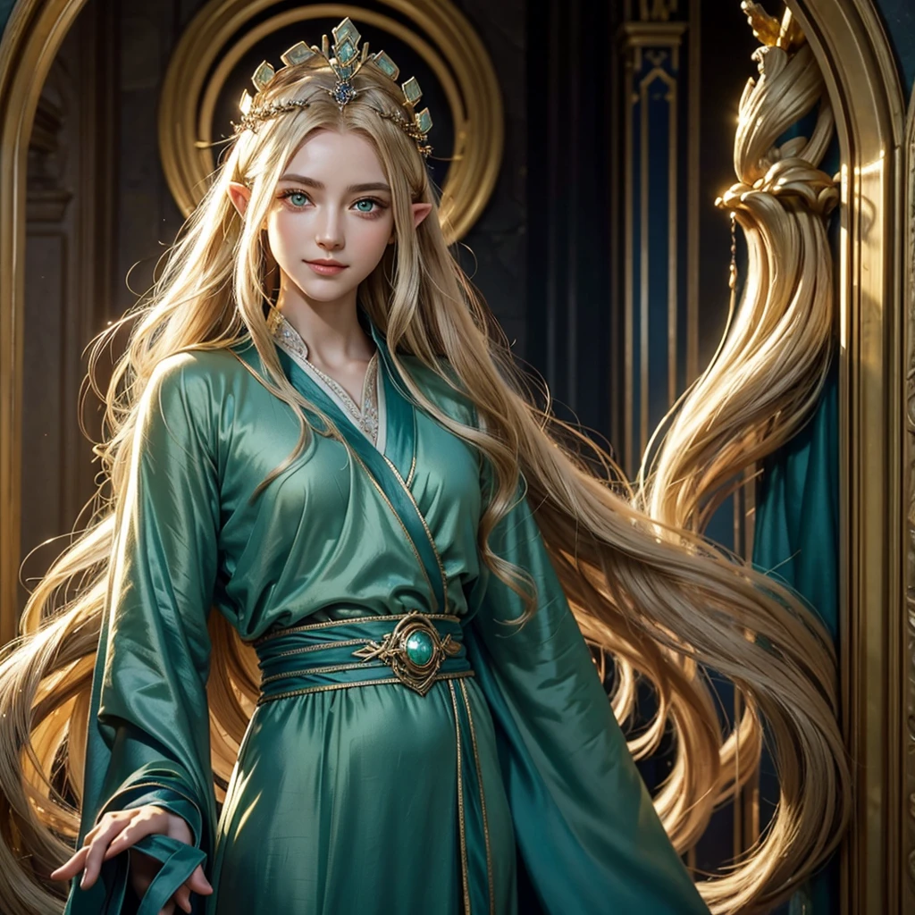 1 man, large expressive eyes, almond-shaped green eyes, graceful facial features, north, Diadem, silk long blue elven robes, long golden hair, A wise look, smile, Lord of the Rings, God, Divine Beauty, Apollo