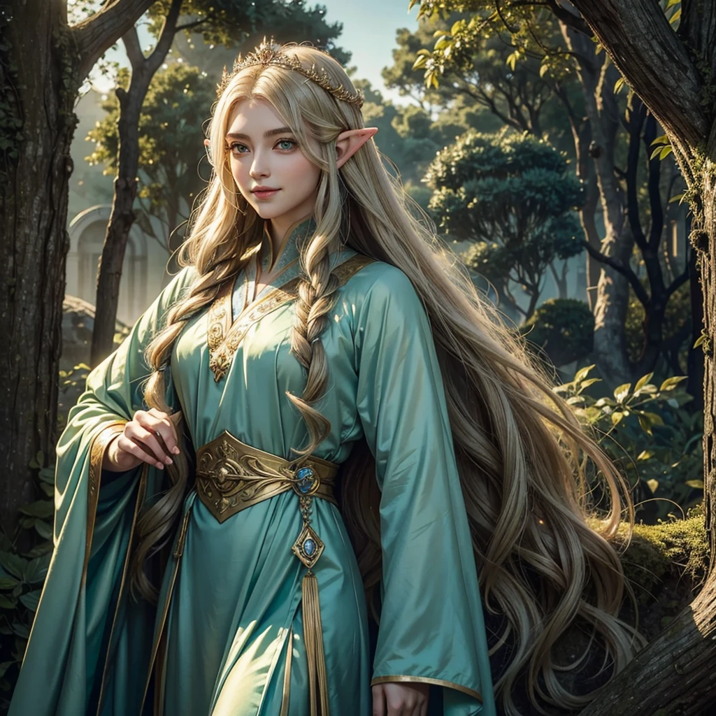 1 man, large expressive eyes, almond-shaped green eyes, graceful facial features, north, Diadem, silk long blue elven robes, long golden hair, A wise look, smile, Lord of the Rings, God, Divine Beauty, Apollo