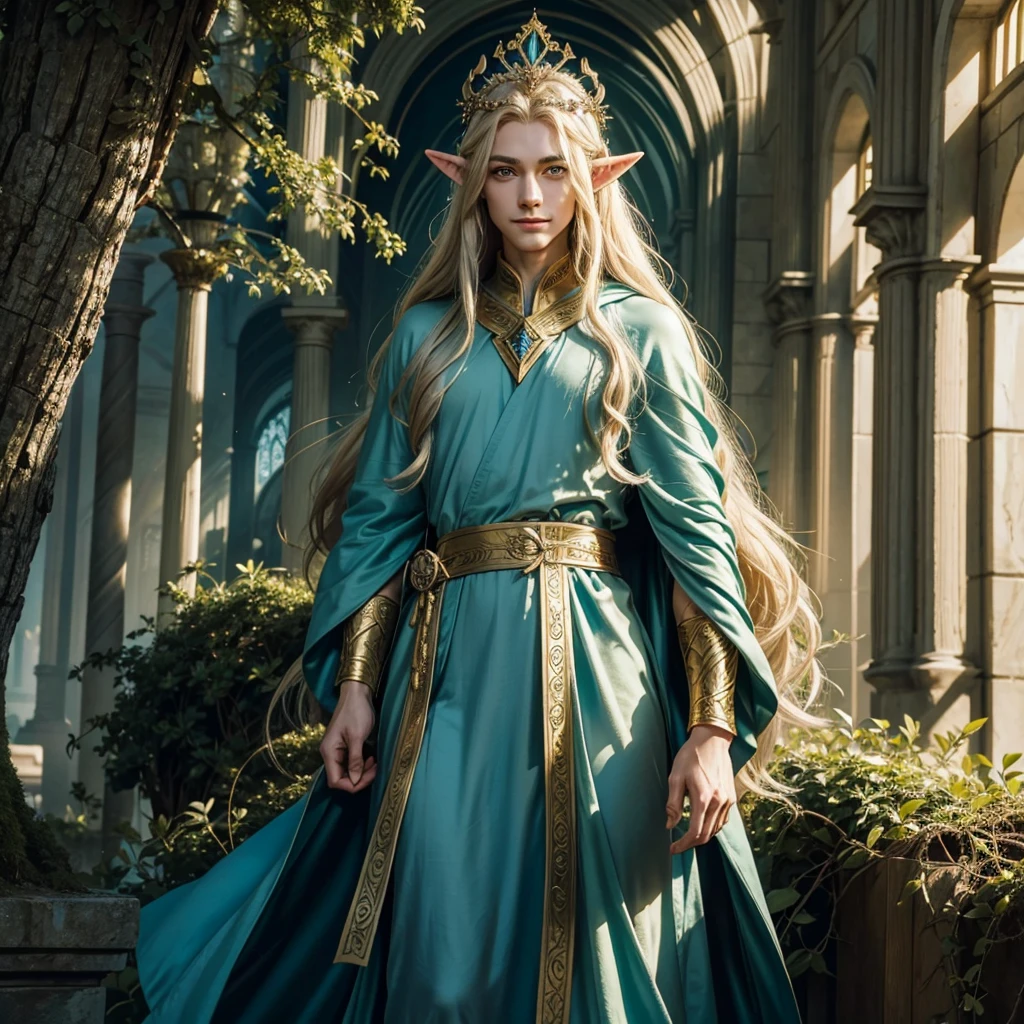 1 man, large expressive eyes, almond-shaped green eyes, graceful facial features, north, Diadem, silk long blue elven robes, long golden hair, A wise look, smile, Lord of the Rings,  God, Divine Beauty, Apollo
