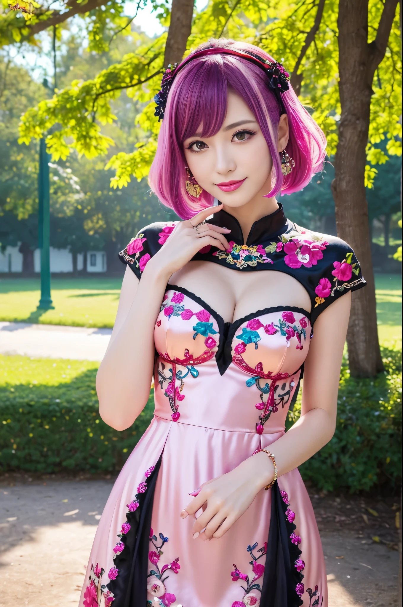 (masterpiece:1.4), (best quality:1.4), ultra high res, ultra high resolution, ((detailed facial features)), HDR, (realistic, photorealistic, photo-realistic:1.37), full body Esbian, sexy swedish model, (-anime), only 1 model, vivid colors, ((vivid colors multicolor (fuchsia, pink, light purple) very short hair)), (beautiful smile), lip-gloss, long lashes, defined eyebrows, wearing large sparkling colorful jewelery, wearing a red silk Paradise Kiss cosplay dress with black floral embroidery, ((vivid colors outfit)), vivid colors, look at the camera, cinematic light, large park background with trees, sweet and sexy pose