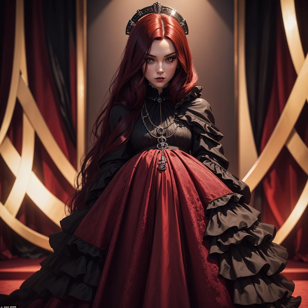 Make a dark red hair vampire,  in a very large black dress with red details , and with Chanel accessories , in the background is the Grammy , She appears full body Long hair, gazing at viewer, High details, slightly separated lips, 