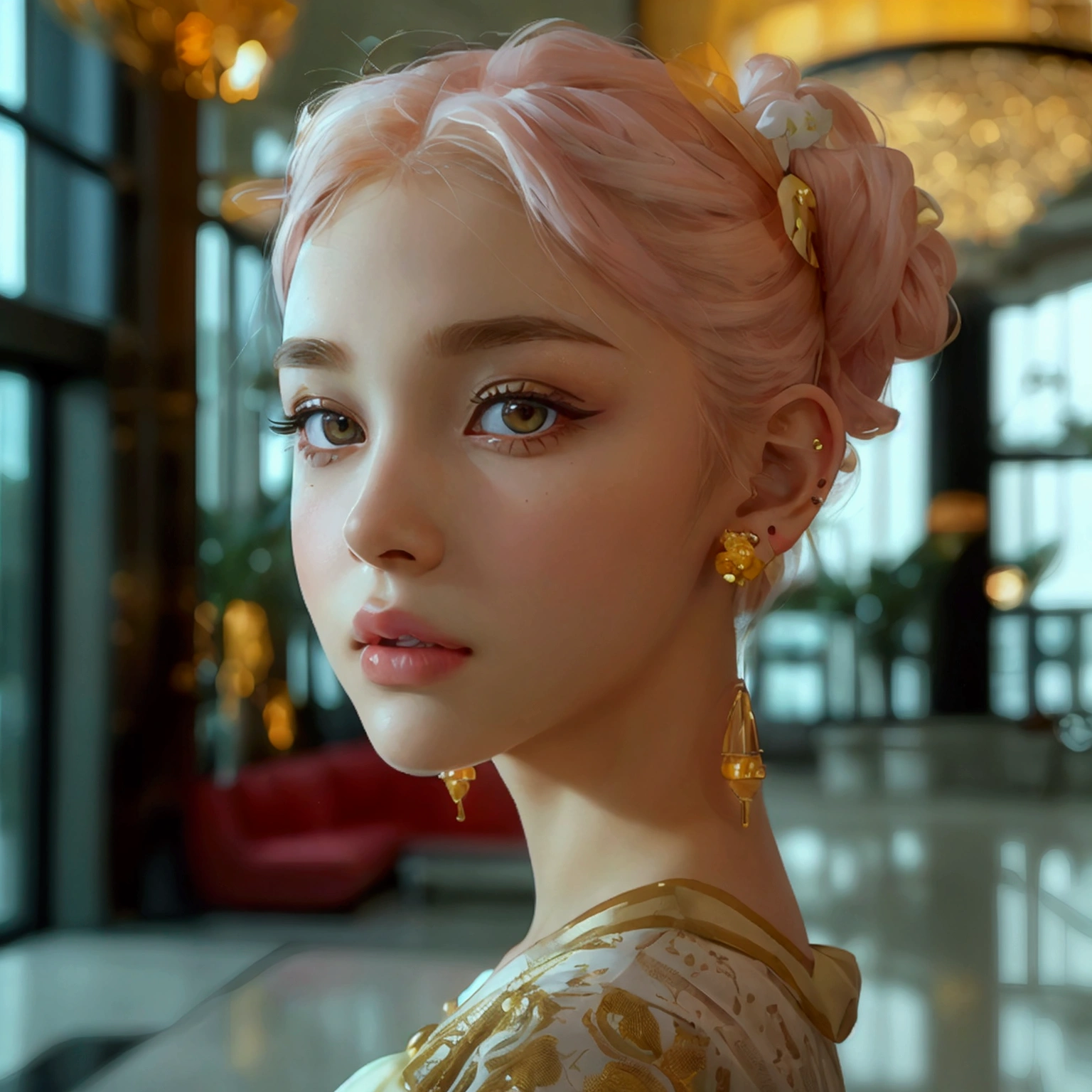 8K ultra high resolution loving face of a young female person , Background hotel lobby , anatomically perfect , small open pouty mouth with white teeth , small nose with piercing , Almond-shaped large eyes , with flawless eyebrows , the iris with orange-green color gradient , the hair soft pink white pinned up with golden hair accessories , cute tight ears with golden earrings 