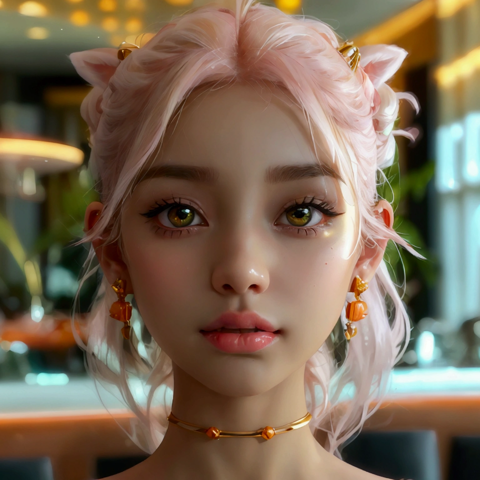 8K ultra high resolution loving face of a young female person , Background hotel lobby , anatomically perfect , small open pouty mouth with white teeth , small nose with piercing , Almond-shaped large eyes , with flawless eyebrows , the iris with orange-green color gradient , the hair soft pink white pinned up with golden hair accessories , cute tight ears with golden earrings 