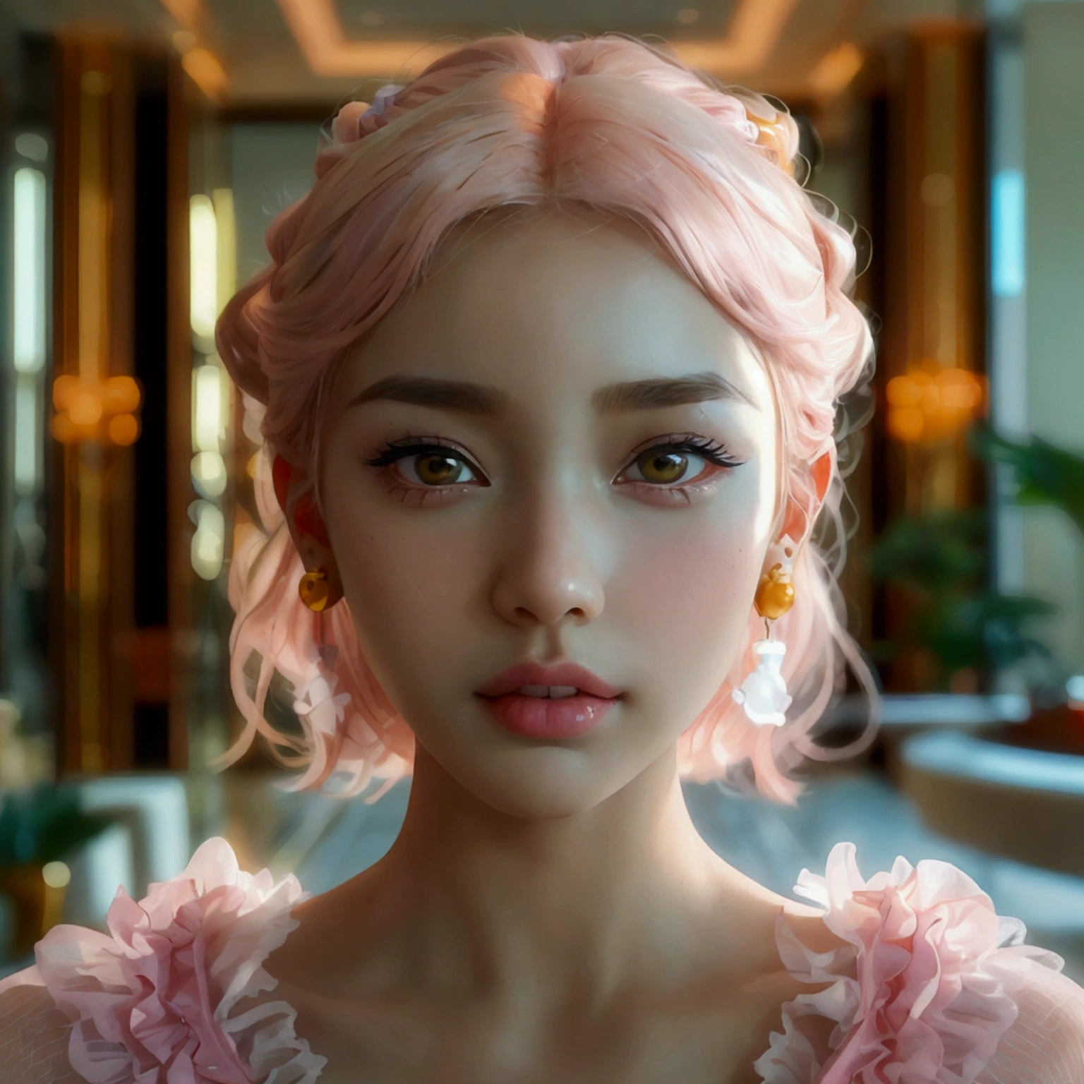 8K ultra high resolution loving face of a young female person , Background hotel lobby , anatomically perfect , small open pouty mouth with white teeth , small nose with piercing , Almond-shaped large eyes , with flawless eyebrows , the iris with orange-green color gradient , the hair soft pink white pinned up with golden hair accessories , cute tight ears with golden earrings 