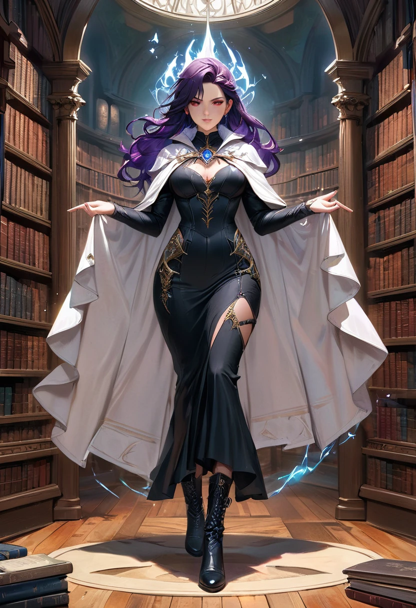 a masterwork picture of a sorceress casting a spell in magical library, exquisite beautiful woman, dynamic hair color, dynamic hair style, ((full body shot: 1.5)), ((anatomically correct: 1.5)), (ultra detailed face: 1.2), best detailed face, high details, best quality, 16k, (long black dress: 1.2), (white cloak: 1.3), high heeled boots (ultra details, Masterpiece, best quality) masterpiece, best quality, (extremely detailed), full body, ultra wide shot, (ultra details, Masterpiece, best quality), fantasy art, dnd art,fantasy art, realistic art, (ultra details, Masterpiece, best quality), (ultra details, Masterpiece, best quality), NecromancyAI, Hyperrealism style, rpg portrait photograph