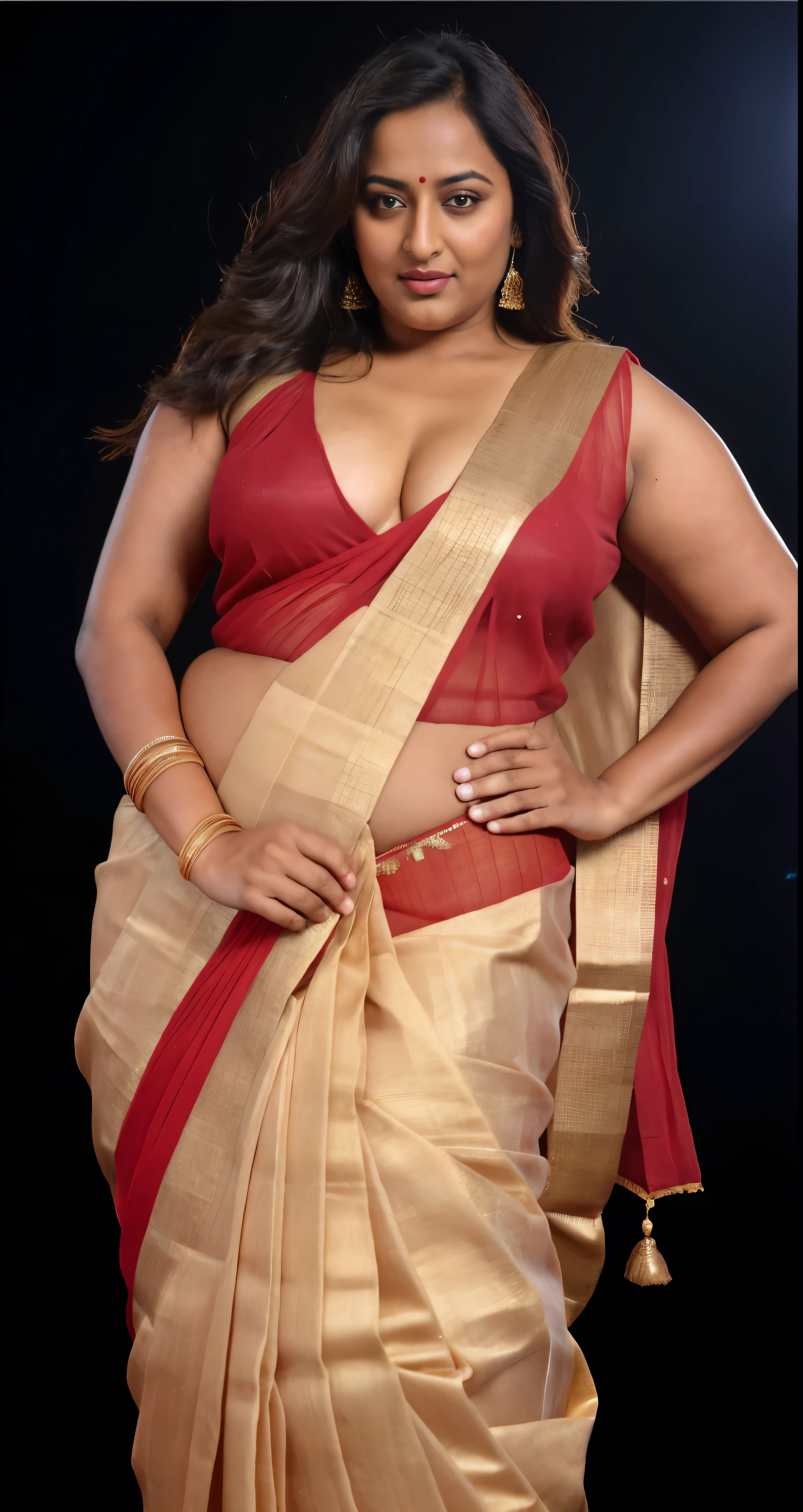 Foto RAW, photorealistic, photography, full body shot, 50 years old Woman, master shot, perfect eyes, goddess like beauty, pierced eyes, perfect thick chubby mallu Desi aunty bhabhi, Wearing a Stanapatta, a chest-band.Saree model, model Photography, Indian saree shoot, Indian traditional wear advertising photography, traditional wear brand shoot, face of Indian actress Sonakshi Sinha, masterpiece, realistic, realism, incredible details, pleasure, photorealism, detailed skin, skin pores, high contrast, photorealistic Artstation 8k HD digital art trend of high definition and detailed realistic skin texture, ultra detail, realistic skin texture, armature, best quality, ultra high definition, (photorealistic:1.4),, high resolution, detail, raw photo, sweat, Re sharp, by Lee Jefferies Nikon D850 Film Stock Photo 4 Kodak Portra 400 Camera F1.6 Lens Rich Color Ultra Real Realistic Realistic Textures Dramatic Lighting Unreal Engine Trending at Art Station Cinestill 800,(pele altamente detalhada: 1.2), 8k UHD, DSLR, soft-lighting, alta qualidade, grain of film, Fujifilm XT3,she didn't like to wear blouse or bra, she is happy to wear only saree, she hates blouse or bra, detailed hairy armpits, hyper realistic skin, skin pores, sweat, veins,