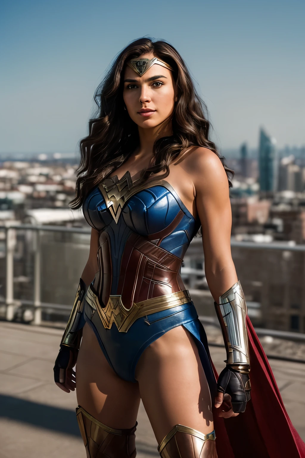 A 26-year-old brunette Wonder Woman, ((hyperrealism)), ((true to reality)), with ((deep brown eyes)), ((long wavy hair)), ((glossy and shiny)), ((superhero costume)), ((red and blue)), ((boots and gauntlets)), ((shield by her side)), ((posing confidently)), ((in front of a city skyline)), ((daytime scene)), ((highly detailed)), ((4k resolution)), ((exceptional quality)), Nikon, ((natural light)), ((film grain)), ((Fujifilm XT3)), ((soft lighting)), ((spectacular scenary)), ((empowering)), ((inspiring)), ((symbol of strength and justice)).