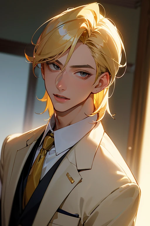 (Highest quality:1.24, Very detailed, Anime Style, Attention to detail, masterpiece:1.2, Highest quality, Best aesthetics), (((1 male))), lawyer, ((business suit, )),Reverse trial、 Open your mouth:1.2, (blonde, Straight hair,  Front view, A meaningful pose, Friendly atmosphere, Shiny Hair, Beautiful Skin, Detailed face and eyes, Glossy Lips, Slender body,, Spotlight, Light and shadow with attention to detail, court、Background Blur.