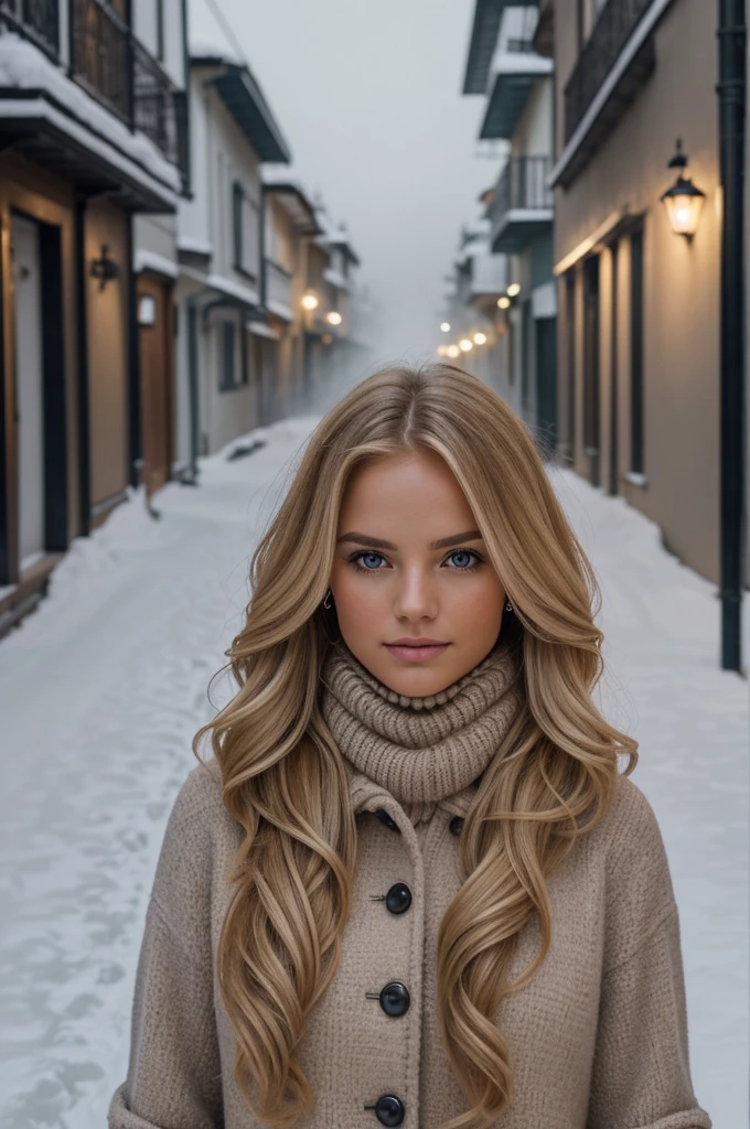 proFessional portrait photograph oF a gorgeous Norwegian girl in winter clothing with long wavy blonde hair, sultry Flirty look, gorgeous symmetrical Face, lindo maquillaje natural, wearing elegant warm winter Fashion clothing, ((parado afuera en una calle nevada de la ciudad)), impresionante entorno urbano moderno, ultra realista, Arte conceptual, elegant, muy detallado, Intrincado, sharp Focus, depth oF Field, F/1. 8, 85mm, tiro medio, plano medio, (((proFessionally color graded))), bright soFt diFFused light, (volumetric Fog), tendencia en instagram, hdr 4k, 8K