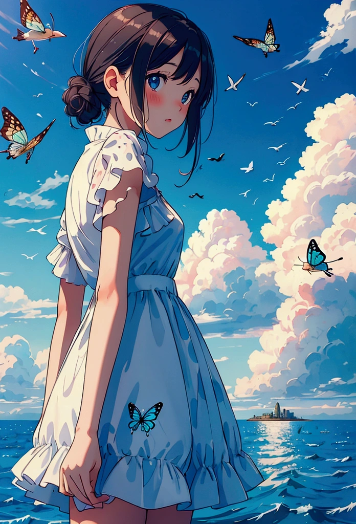 masterpiece, best quality, 1girl, bird, seagull, sky, cloud, polka_dot, blue_sky, solo, cloudy_sky, bug, butterfly, day, blush, flock, outdoors, Abigail