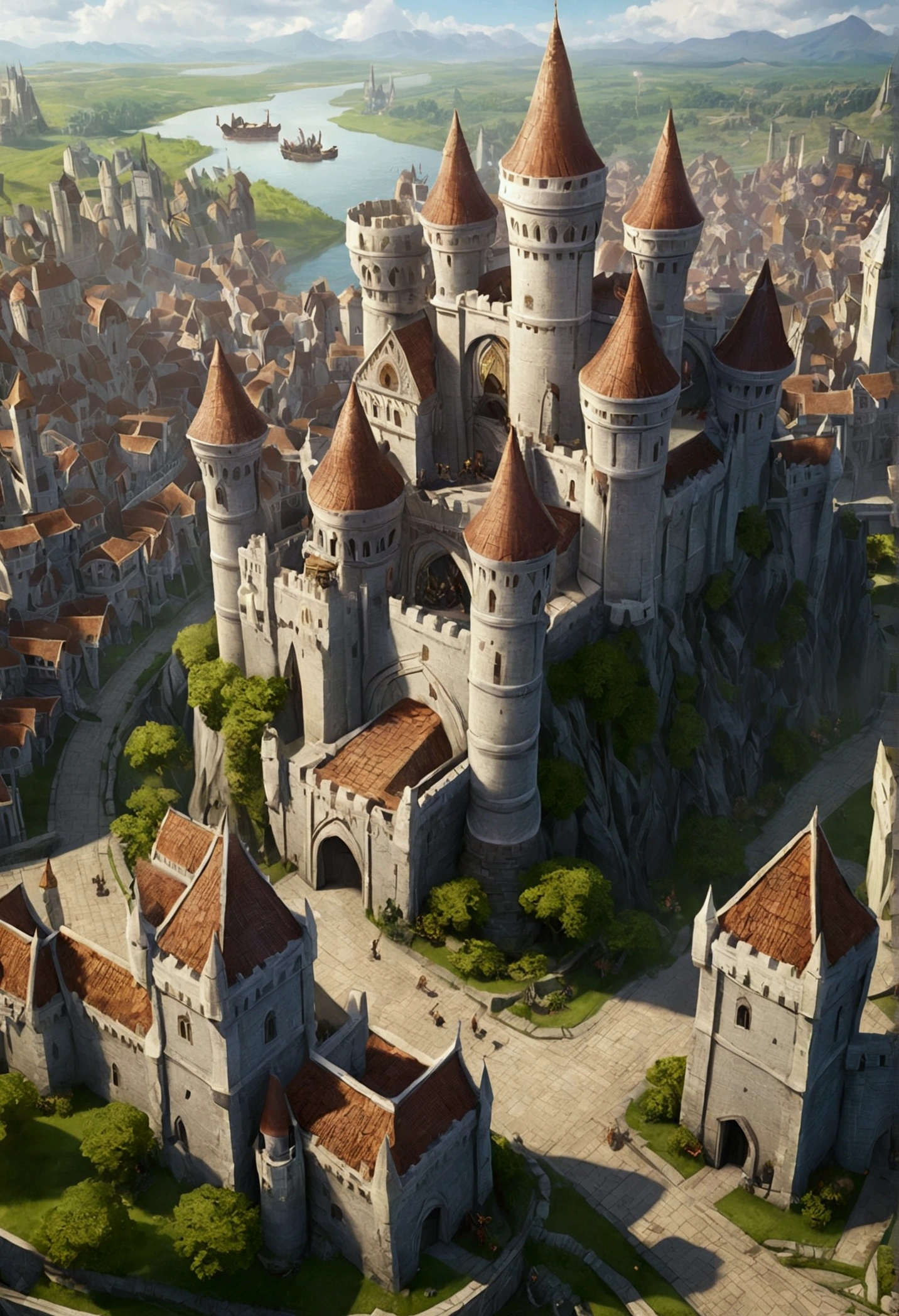 League of Legends Demacia city, masterpiece, best quality, hd, hyper detailed, epic scenario, a white glorious medieval city, medieval, fantasy rpg, castle, perfect light, large city, minas tirith, giant dragon behind, high bright, ultra hd