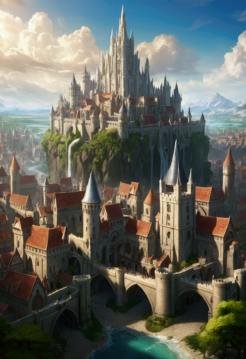 League of Legends Demacia city, masterpiece, best quality, hd, hyper detailed, epic scenario, a white glorious medieval city, medieval, fantasy rpg, castle, perfect light, large city, minas tirith, giant dragon behind, high bright, ultra hd