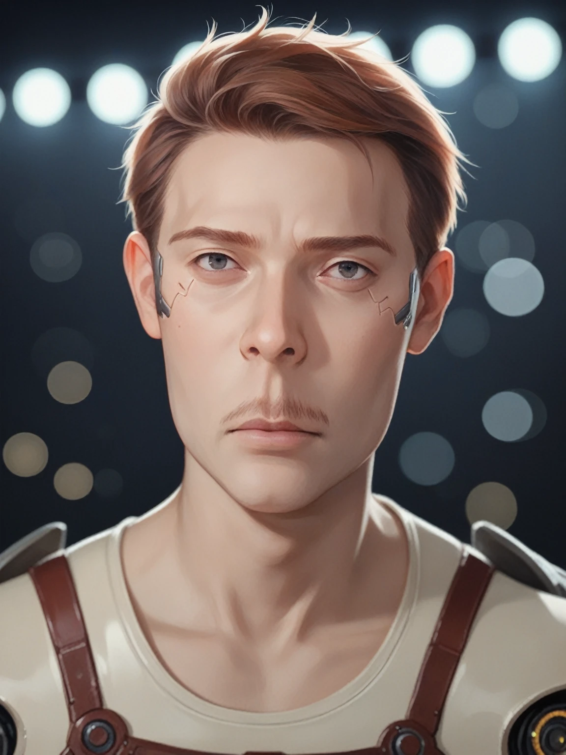 hyperrealism, photorealism, realism, masterpiece, best quality, perfect detail, perfect lighting, cyberpunk photo, realistic portrait, male cyborg, robotic face, half-human, robotic body, rusty body, old exoskeleton, simple black background, darkness, depth of field , bokeh, neon lights, dull colors, muted colors, low light, film grain, analogue photography.