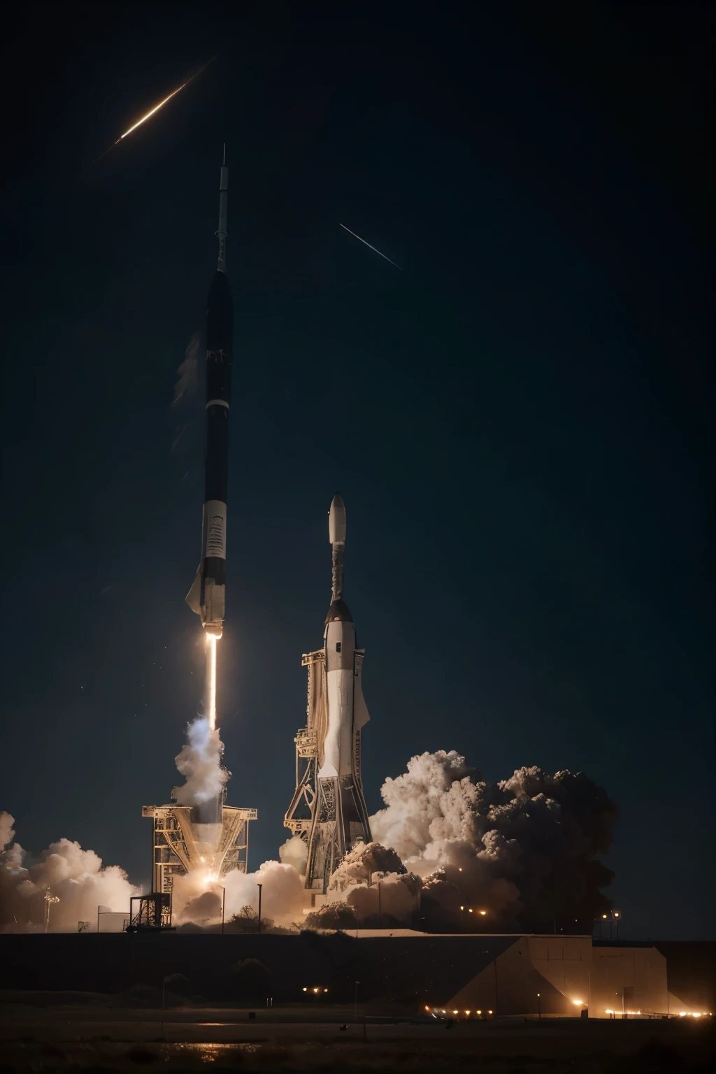 In a 1920x1000 pixel format, create an ultra high-definition studio photo of a rocket taking off, with the backdrop of the stars at the top appearing darker and degraded. The rocket's body, with intricate details and vibrant colors, is poised for lift-off, creating a sense of anticipation and excitement. The stars, appearing distant and grainy, provide a stunning contrast to the detailed and highly polished rocket. The shallow depth of field further highlights the rocket, making it the focal point of the image, while the darker, degraded background adds a sense of mystery and wonder. The style of the photo is reminiscent of